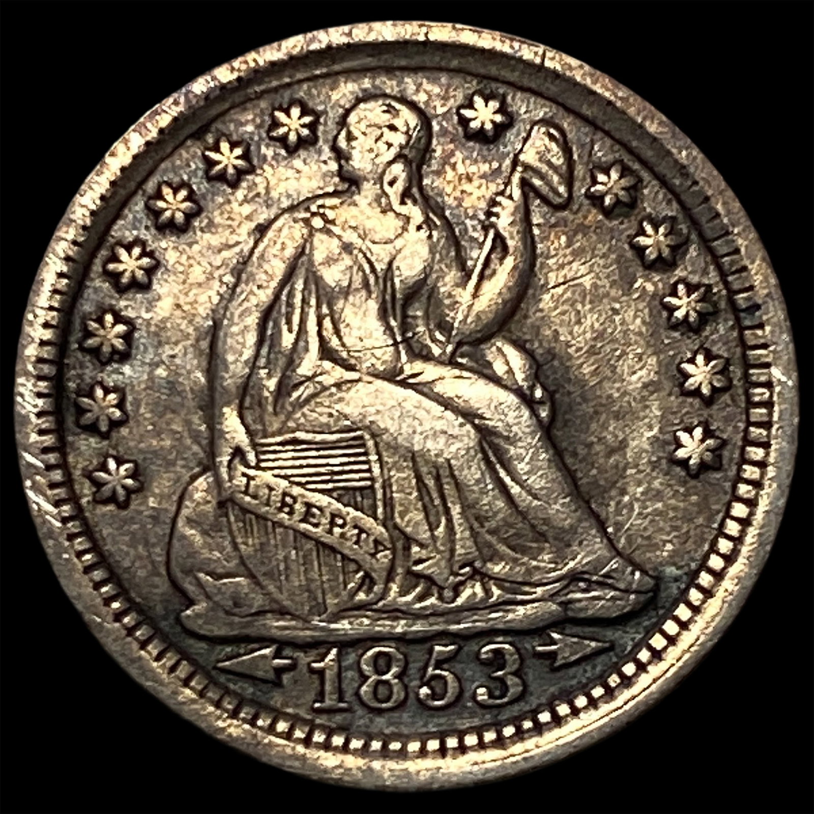 1853 Arrows Seated Liberty Half Dime NEARLY UNCIRCULATED: 1853 Arrows Seated Liberty Half Dime NEARLY UNCIRCULATED