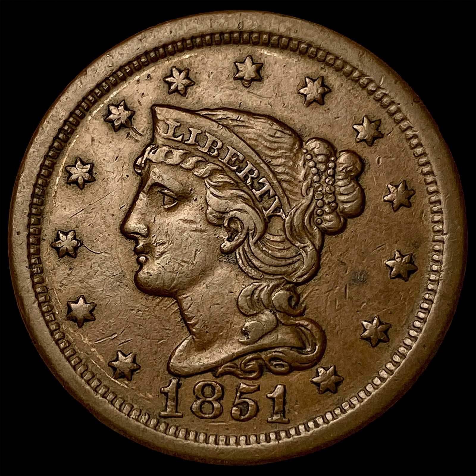 1851 Braided Hair Large Cent CHOICE AU: 1851 Braided Hair Large Cent CHOICE AU