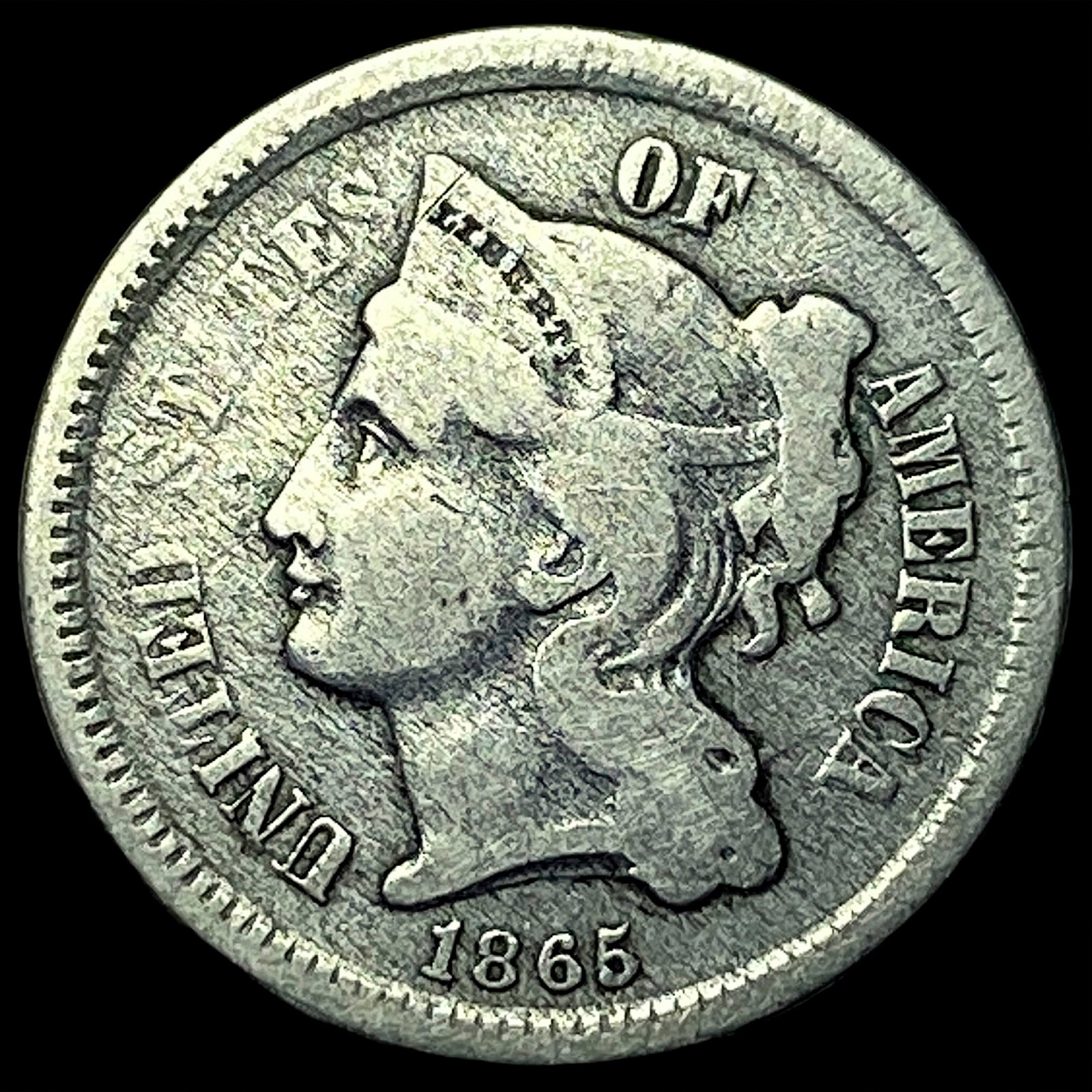 1865 Nickel Three-Cent Piece ABOUT UNCIRCULATED: 1865 Nickel Three-Cent Piece ABOUT UNCIRCULATED
