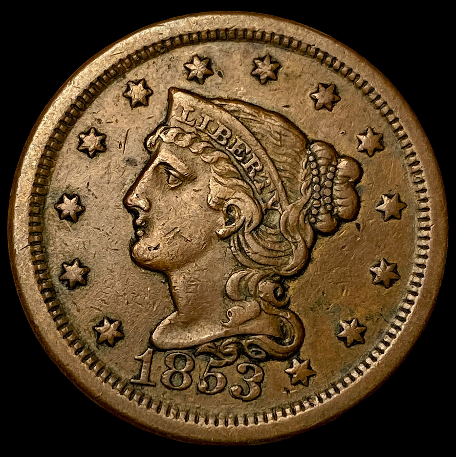 1853 Braided Hair Large Cent CLOSELY UNCIRCULATED: 1853 Braided Hair Large Cent CLOSELY UNCIRCULATED