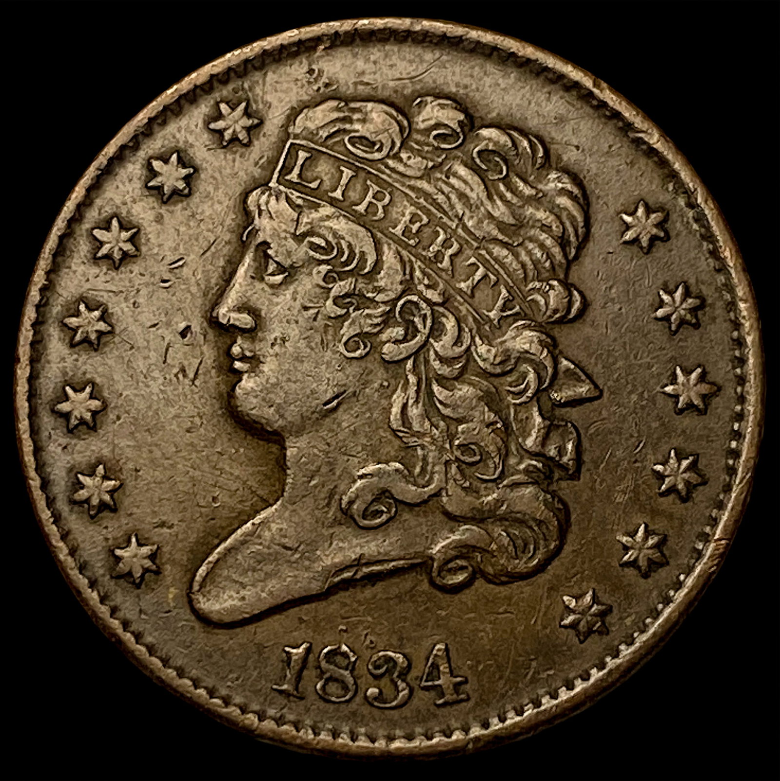 1834 Classic Head Half Cent CLOSELY UNCIRCULATED: 1834 Classic Head Half Cent CLOSELY UNCIRCULATED