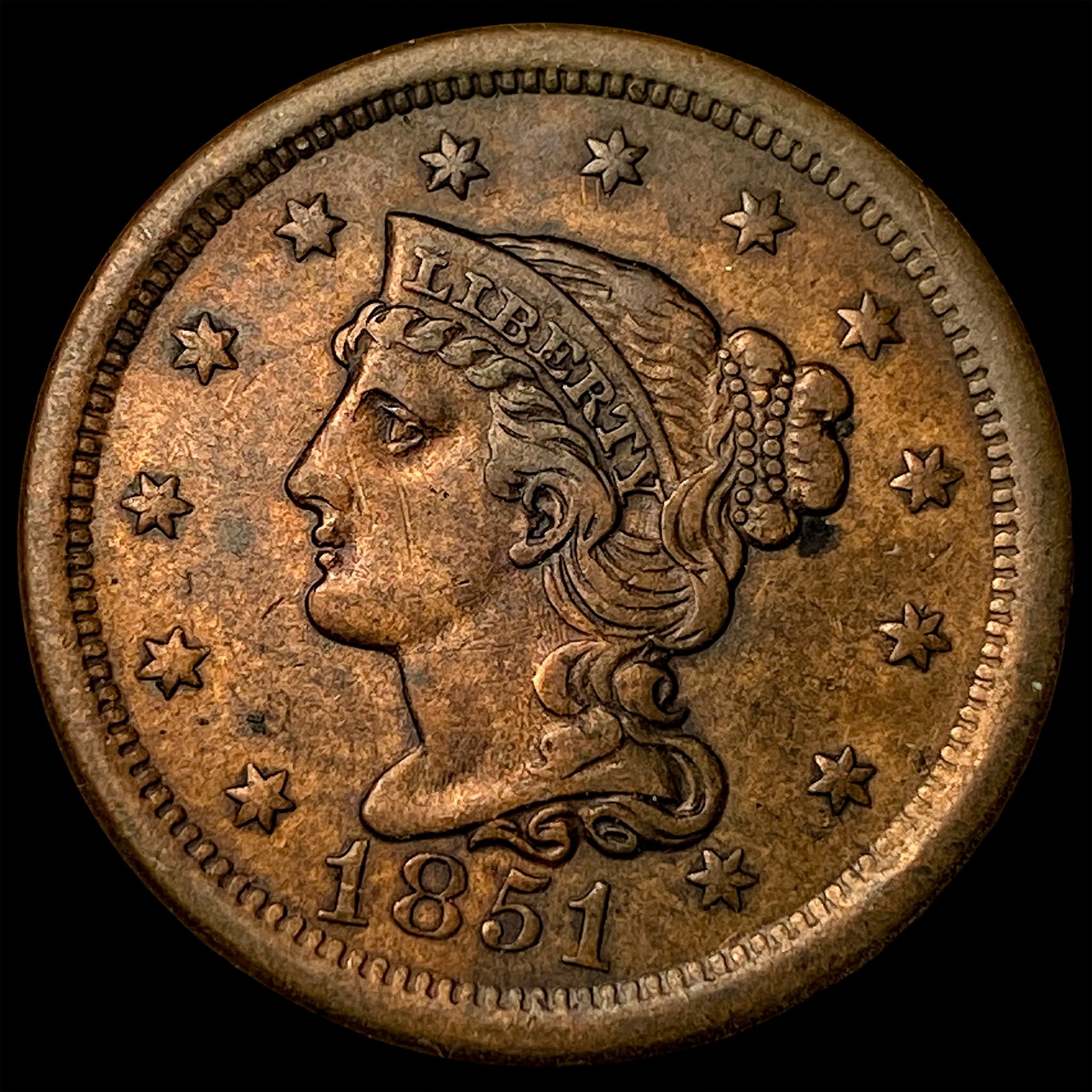 1851 Braided Hair Large Cent CLOSELY UNCIRCULATED: 1851 Braided Hair Large Cent CLOSELY UNCIRCULATED