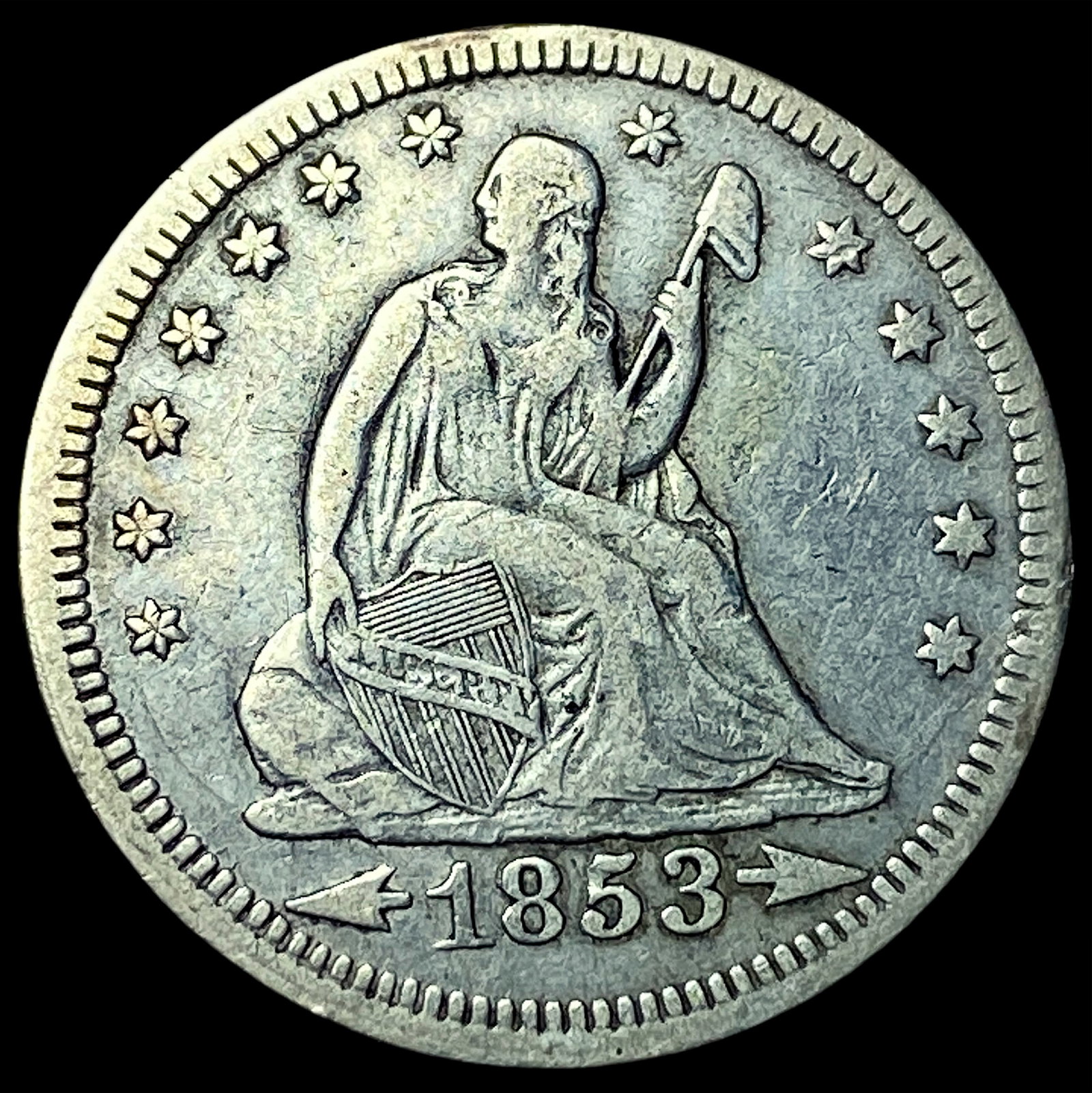 1853 Arrows/Rays Seated Liberty Quarter NEARLY UNCIRCULATED: 1853 Arrows/Rays Seated Liberty Quarter NEARLY UNCIRCULATED