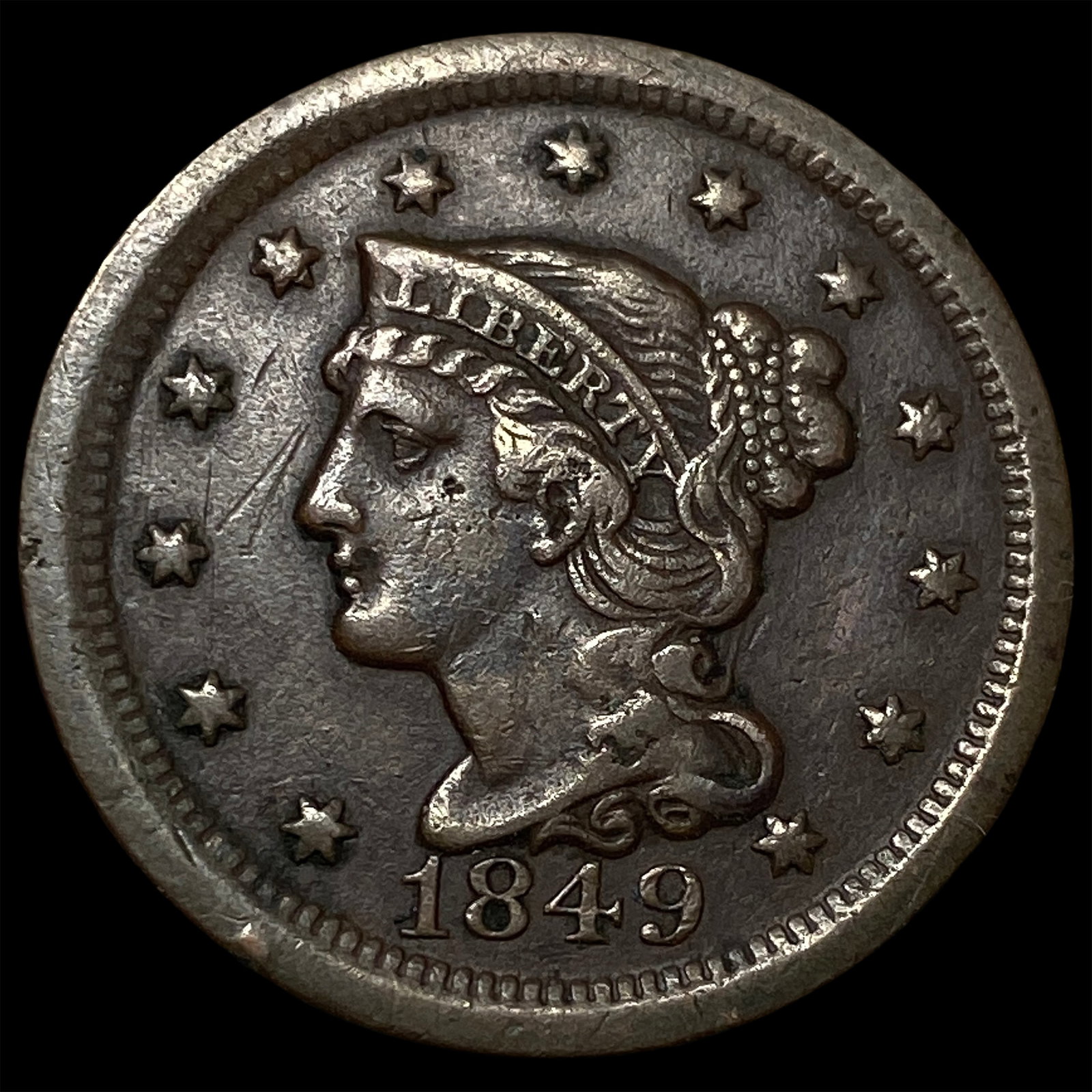 1849 Braided Hair Large Cent NEARLY UNCIRCULATED: 1849 Braided Hair Large Cent NEARLY UNCIRCULATED