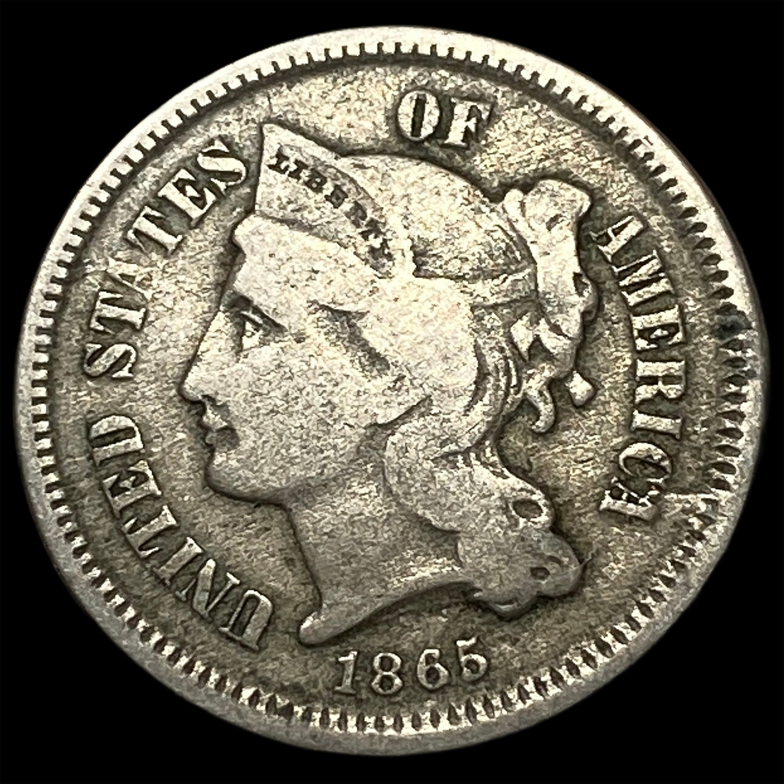 1865 Nickel Three-Cent Piece ABOUT UNCIRCULATED: 1865 Nickel Three-Cent Piece ABOUT UNCIRCULATED