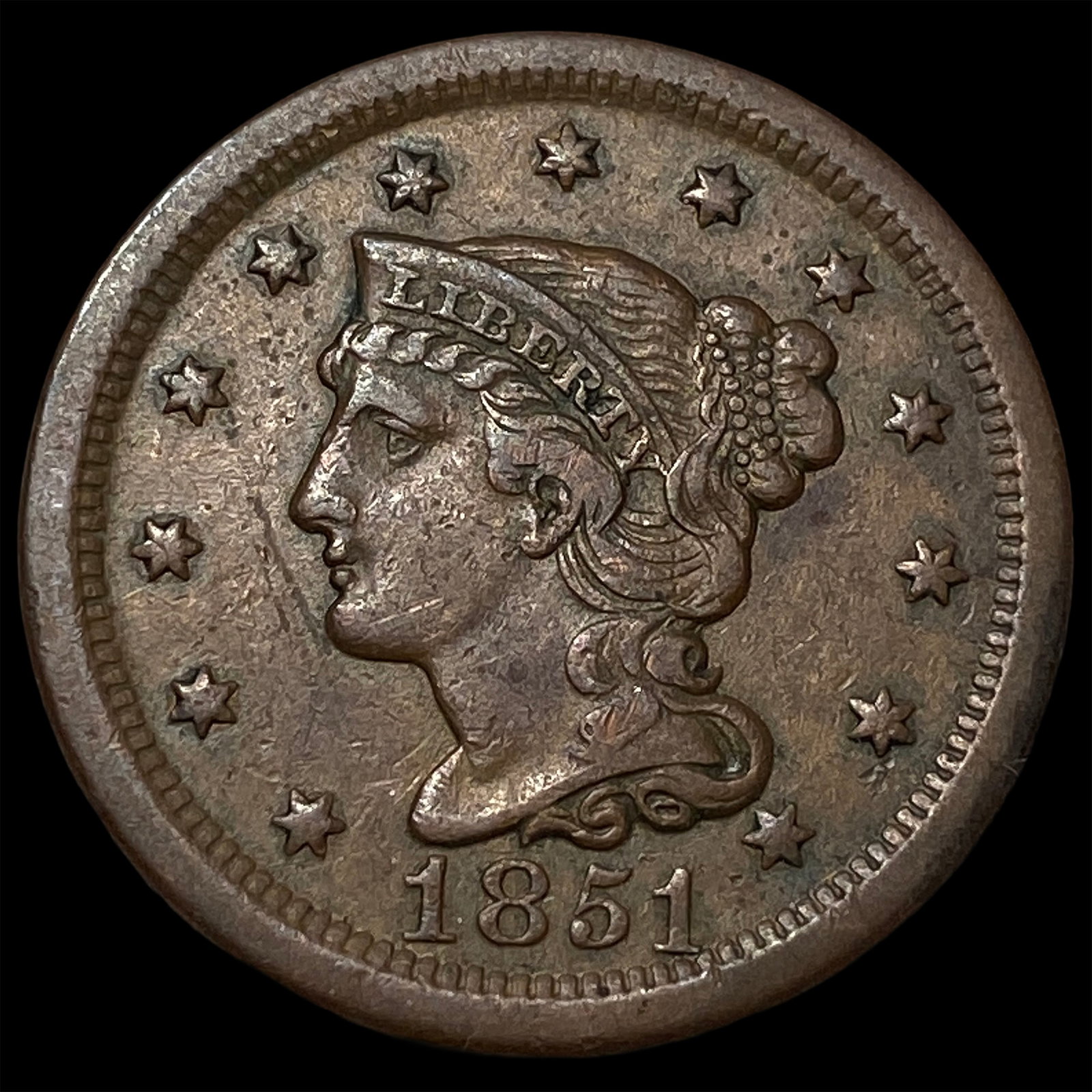 1851 Braided Hair Large Cent CLOSELY UNCIRCULATED: 1851 Braided Hair Large Cent CLOSELY UNCIRCULATED