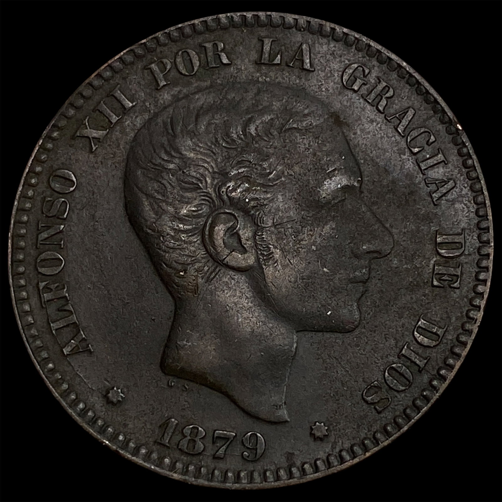 1879 Spain Alfonso XIIBronze 10 Centimos (1 of 2)