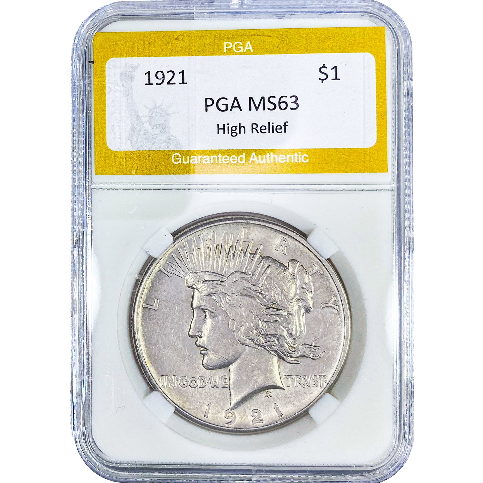 1921 Silver Peace Dollar PGA MS63 High Relief: 1921 Silver Peace Dollar PGA MS63 High Relief