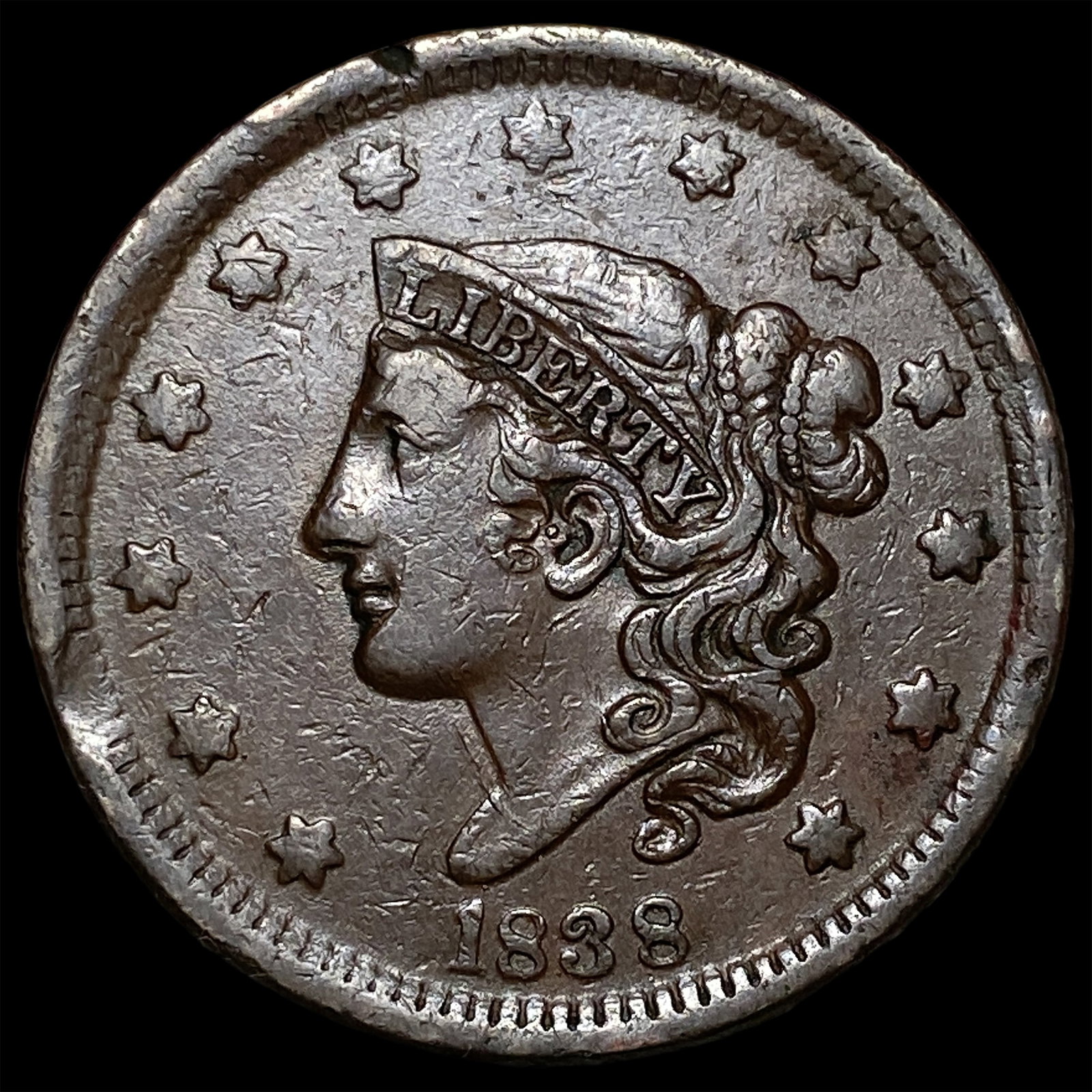 1838 Coronet Head Large Cent NEARLY UNCIRCULATED: 1838 Coronet Head Large Cent NEARLY UNCIRCULATED