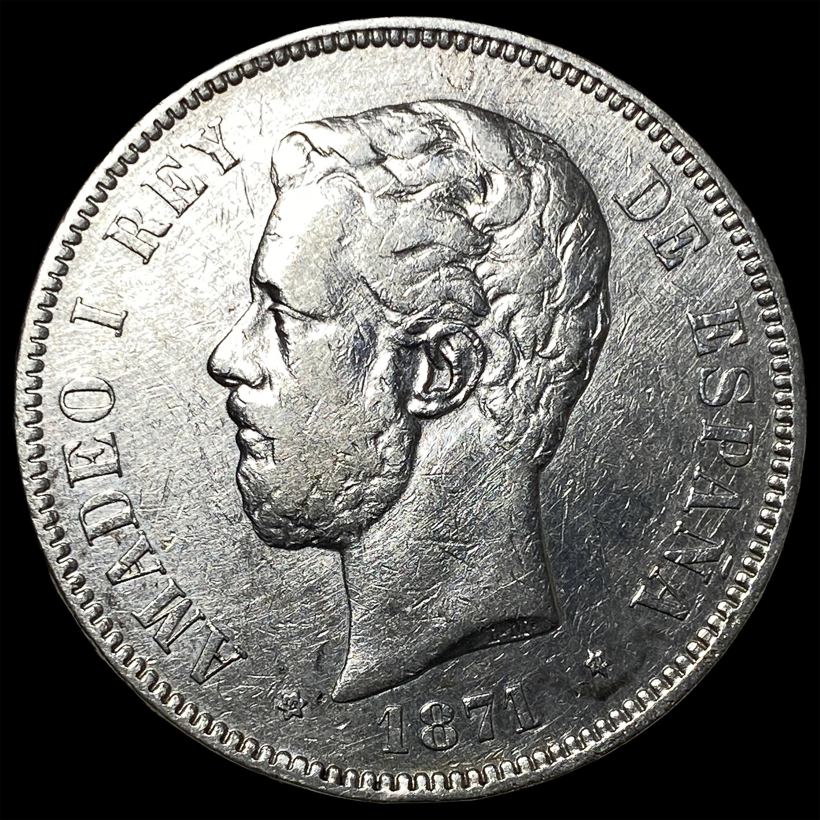 1871 Spain Silver 5 Pesetas Amadeo I CLOSELY UNCIRCULATED (1 of 2)