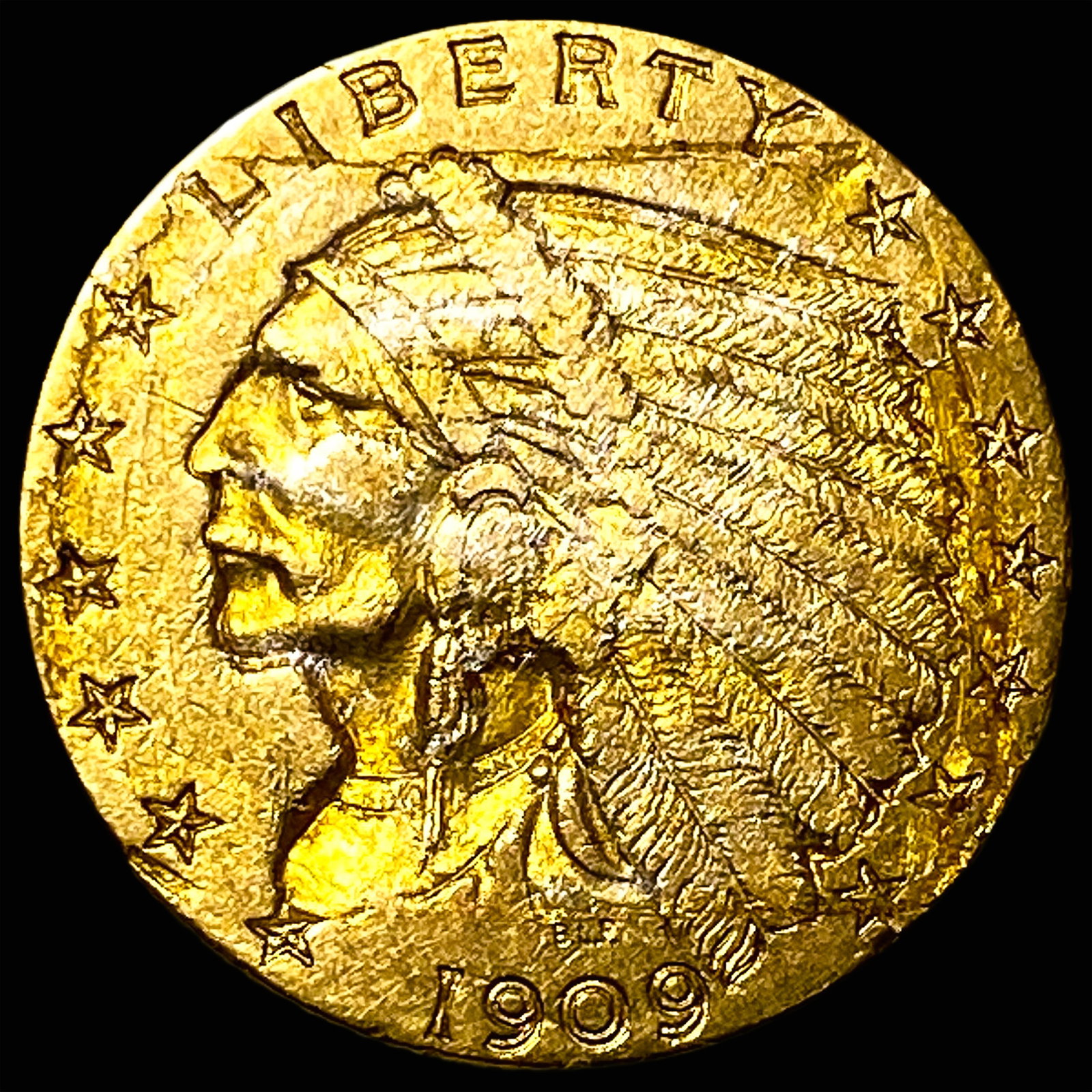 1909 Indian Head $2.50 Gold Quarter Eagle CLOSELY UNCIRCULATED: 1909 Indian Head $2.50 Gold Quarter Eagle CLOSELY UNCIRCULATED