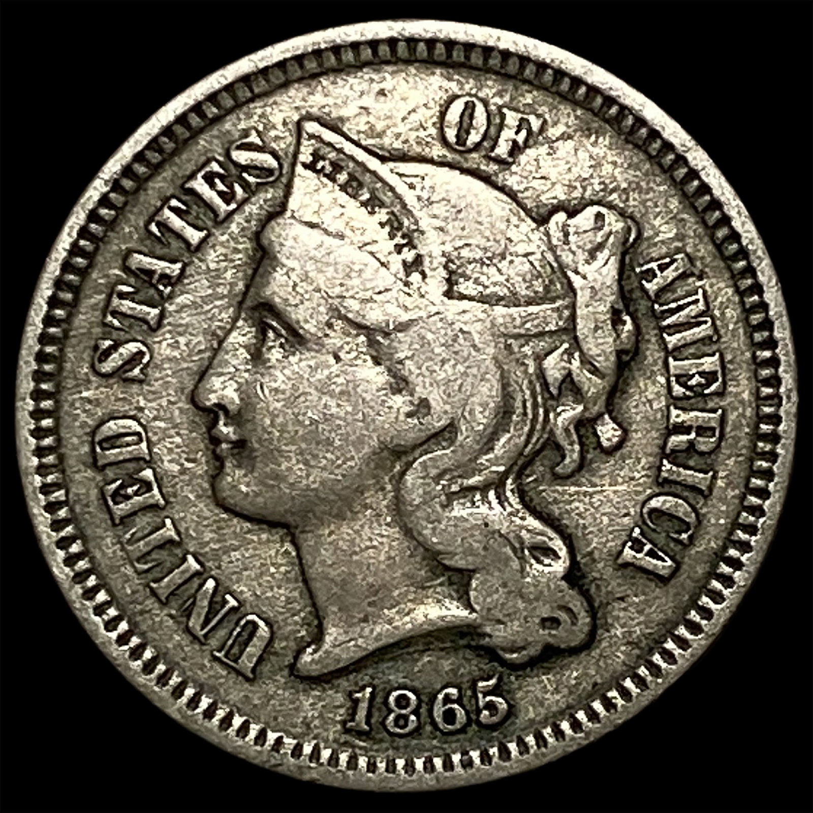 1865 Nickel Three-Cent Piece ABOUT UNCIRCULATED: 1865 Nickel Three-Cent Piece ABOUT UNCIRCULATED
