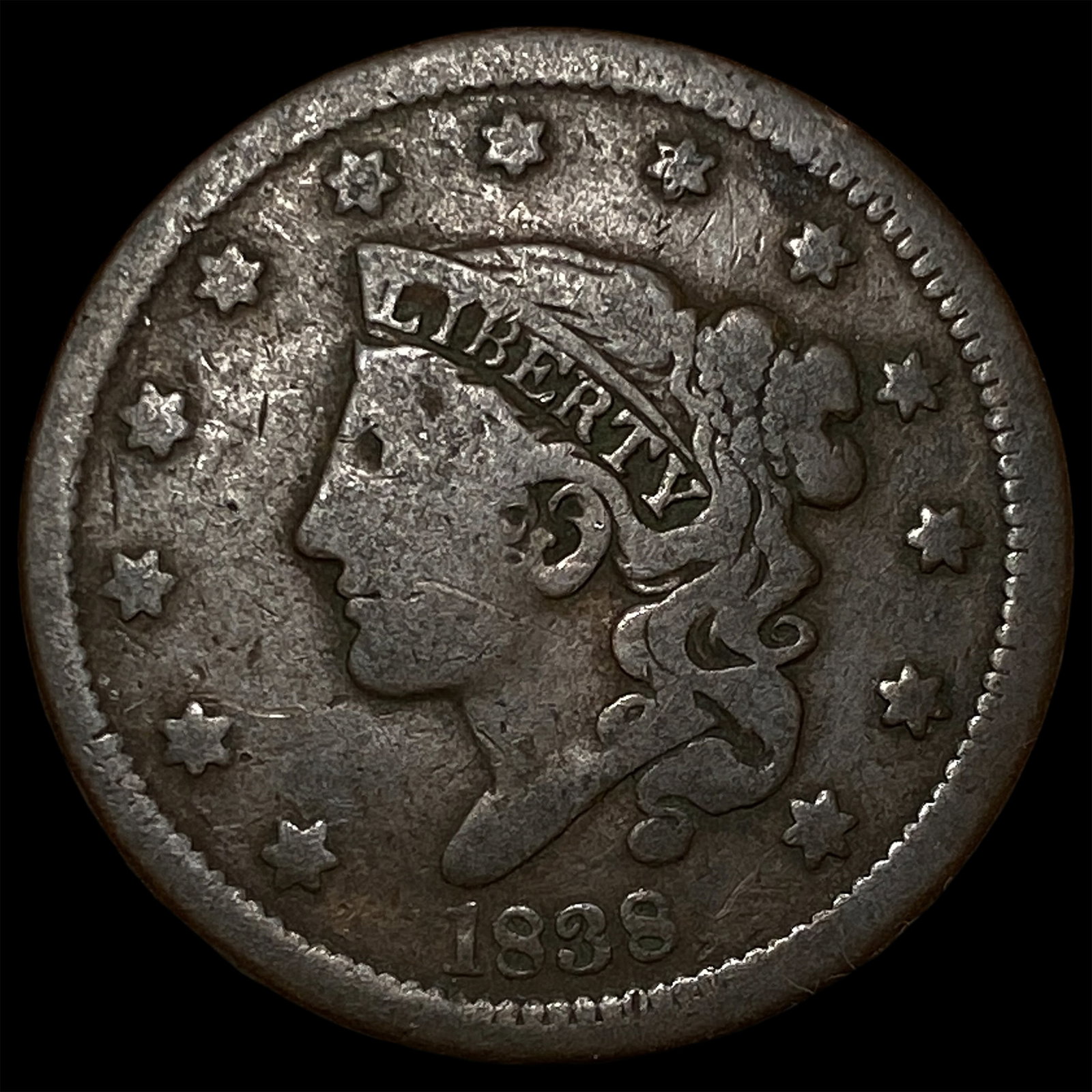 1838 Coronet Head Large Cent LIGHTLY CIRCULATED: 1838 Coronet Head Large Cent LIGHTLY CIRCULATED