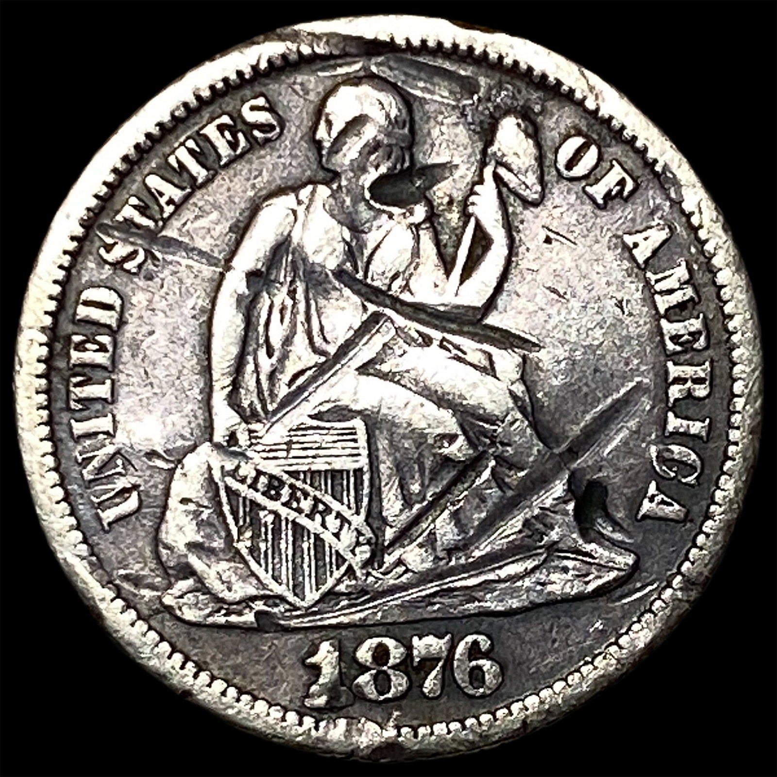 1876-CC Silver Seated Liberty Dime NEARLY UNCIRCULATED