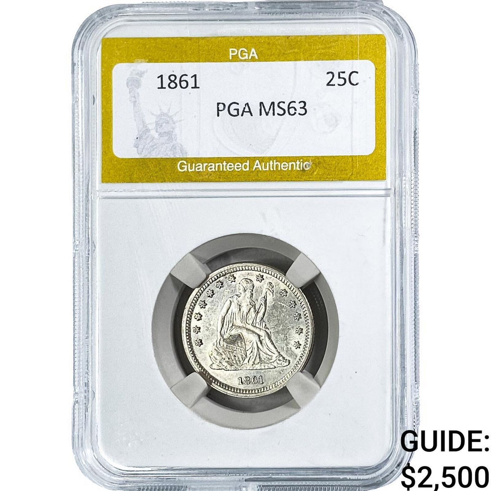 1861 Seated Liberty Quarter PGA MS63: 1861 Seated Liberty Quarter PGA MS63