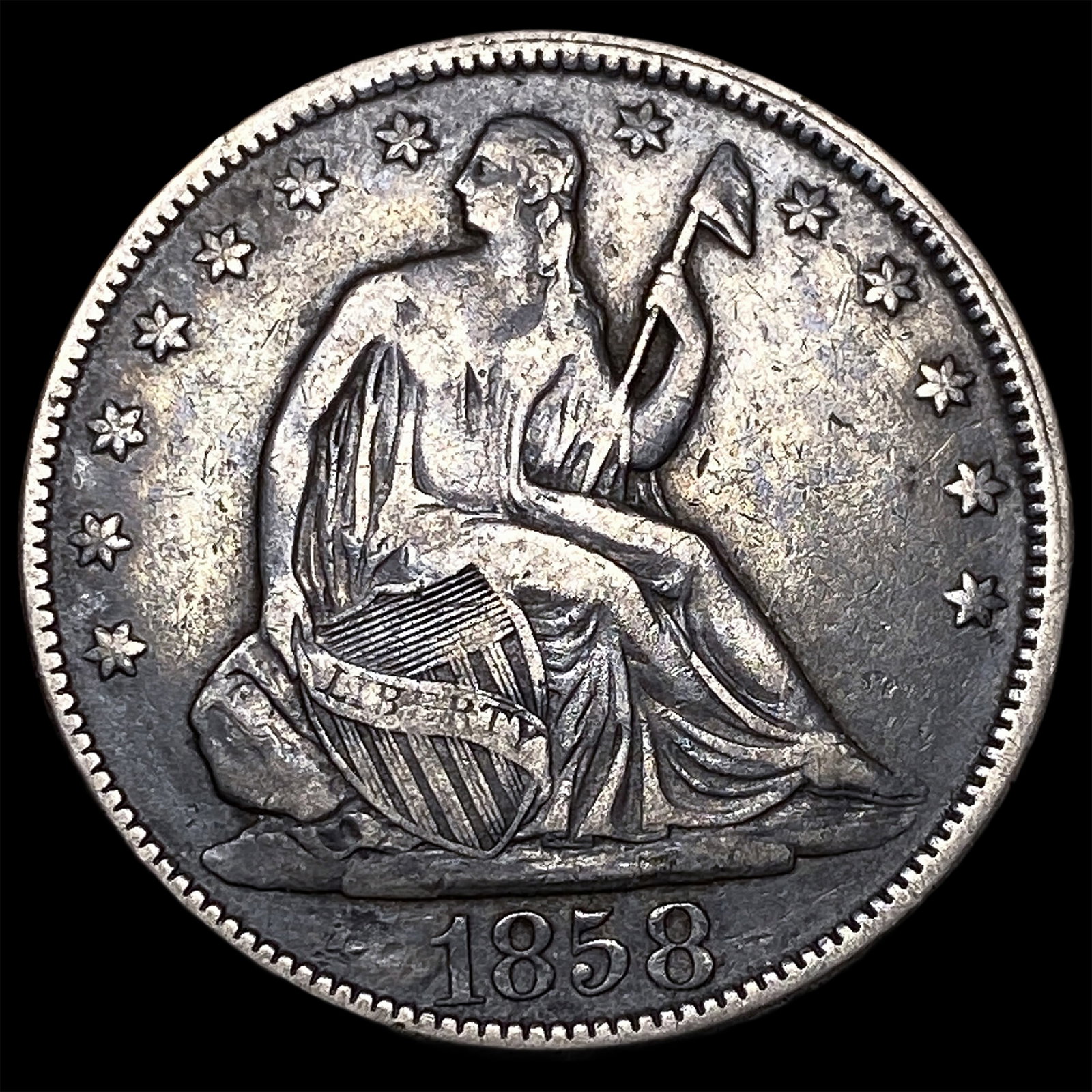 1858 Silver Half Dollar (Seated Liberty) NEARLY UNCIRCULATED: 1858 Silver Half Dollar (Seated Liberty) NEARLY UNCIRCULATED