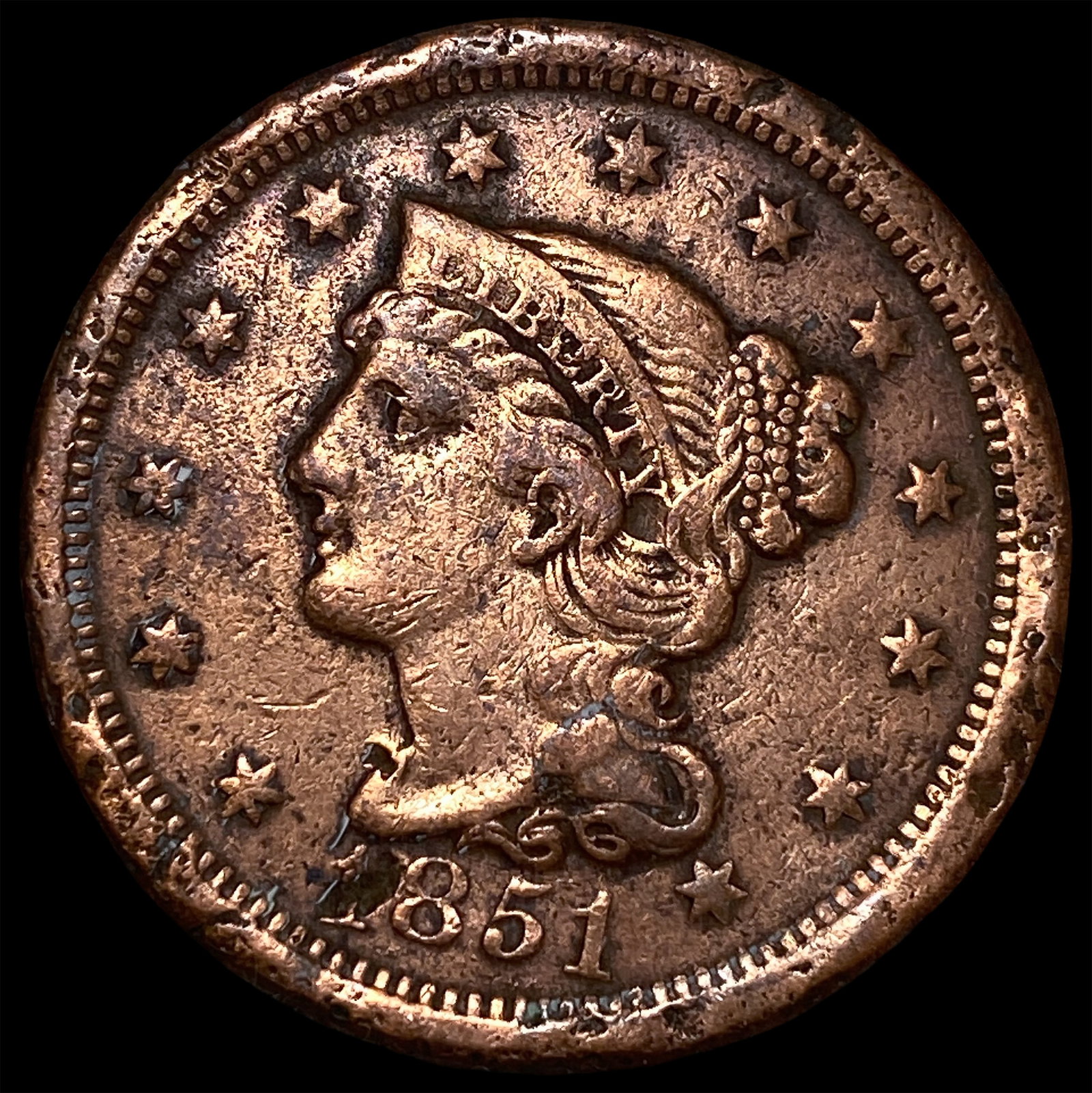 1851 Braided Hair Large Cent NEARLY UNCIRCULATED: 1851 Braided Hair Large Cent NEARLY UNCIRCULATED