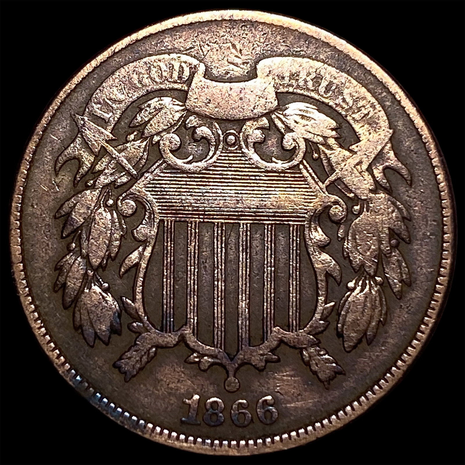 1866 Copper Two-Cent Piece CLOSELY UNCIRCULATED: 1866 Copper Two-Cent Piece CLOSELY UNCIRCULATED