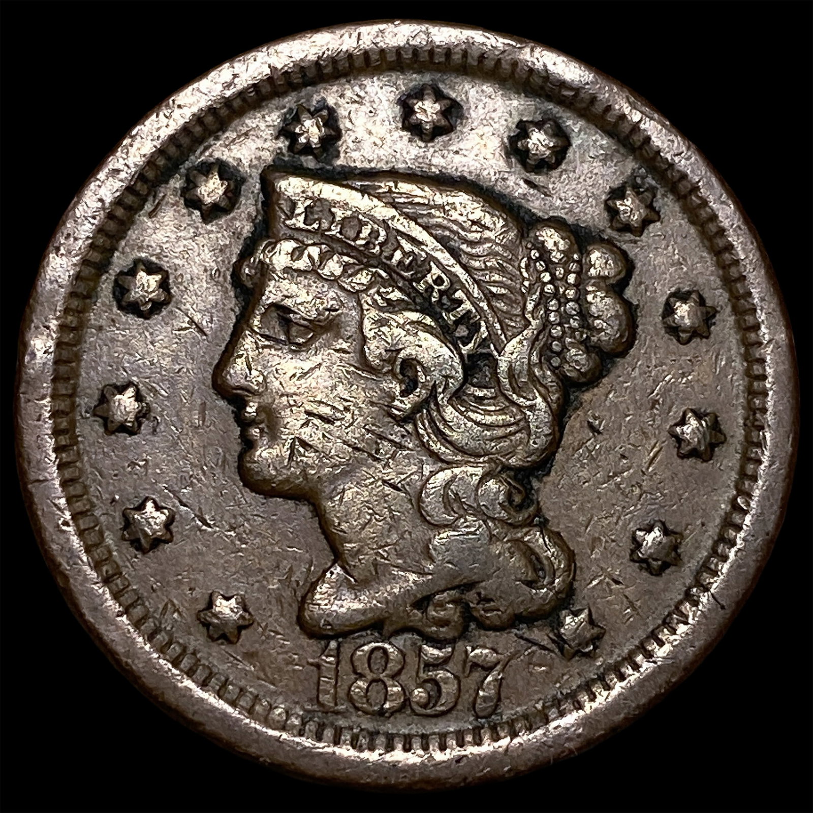1857 Braided Hair Large Cent NEARLY UNCIRCULATED: 1857 Braided Hair Large Cent NEARLY UNCIRCULATED