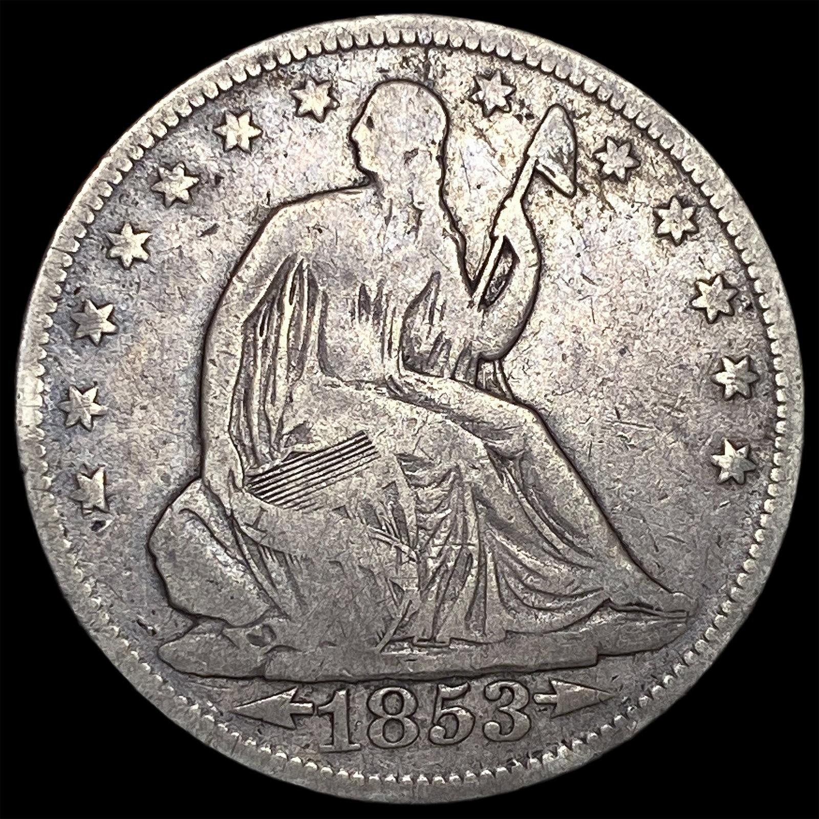 1853 Arrows/Rays Seated Liberty Half Dollar LIGHTLY CIRCULATED: 1853 Arrows/Rays Seated Liberty Half Dollar LIGHTLY CIRCULATED