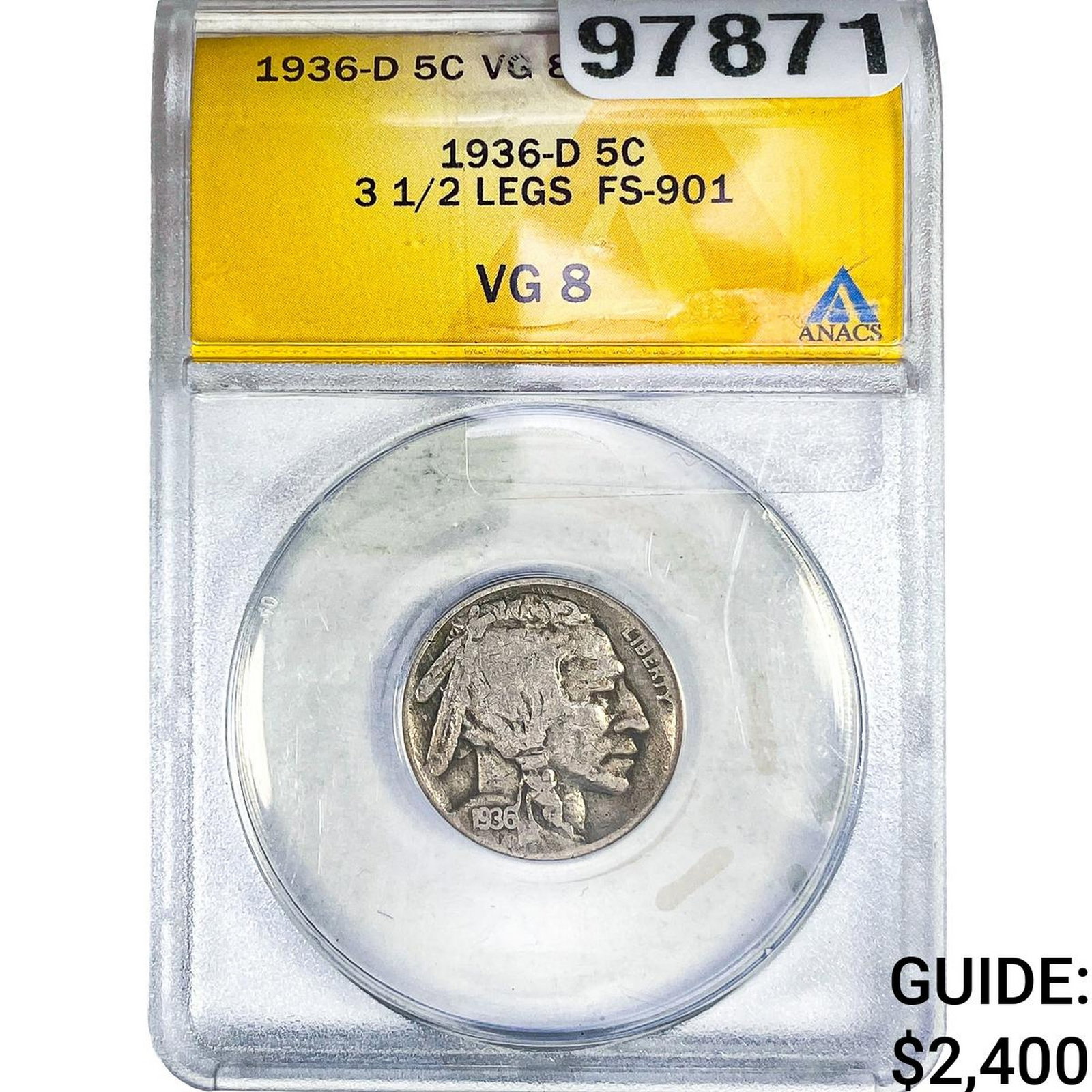 1936-D Buffalo Nickel ANACS VG8 3 1/2 Legs FS-901: 1936-D Buffalo Nickel ANACS VG8 3 1/2 Legs FS-901
