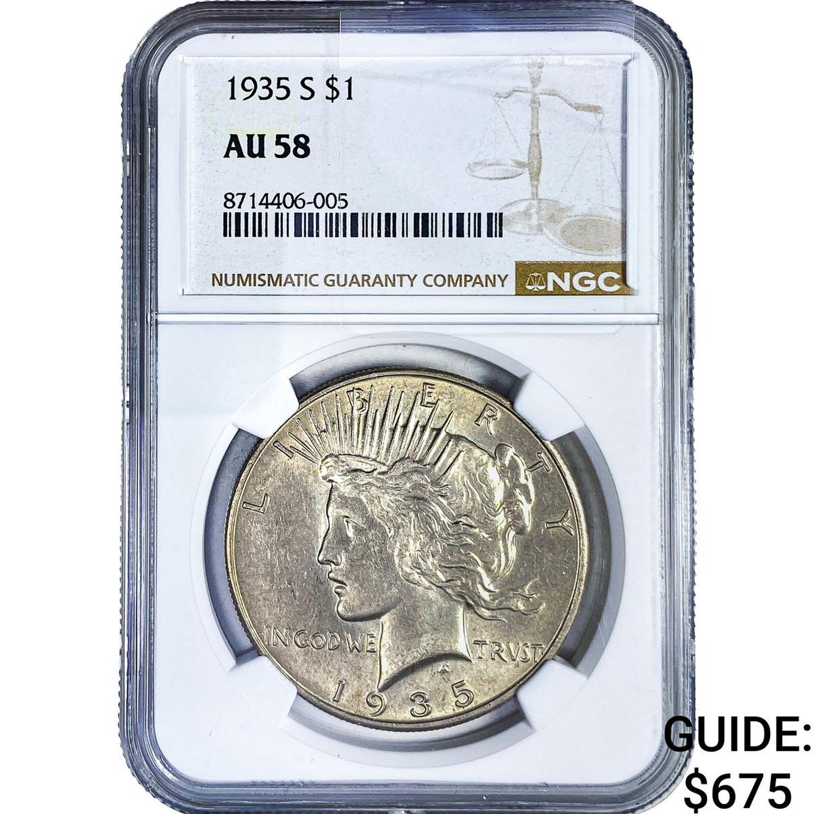 1935-S Silver Peace Dollar NGC AU58: 1935-S Silver Peace Dollar NGC AU58