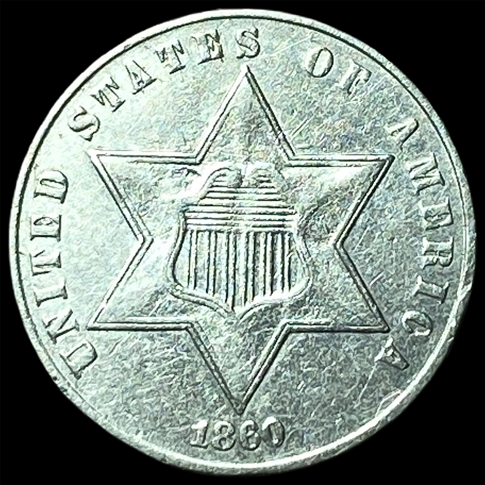 1860 Silver Three-Cent Piece NEARLY UNCIRCULATED (1 of 2)