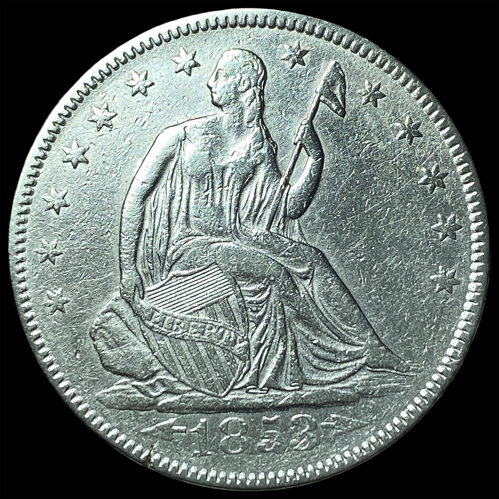 1853 Arrows/Rays Silver Seated Liberty Half Dollar CLOSELY UNCIRCULATED: 1853 Arrows/Rays Silver Seated Liberty Half Dollar CLOSELY UNCIRCULATED