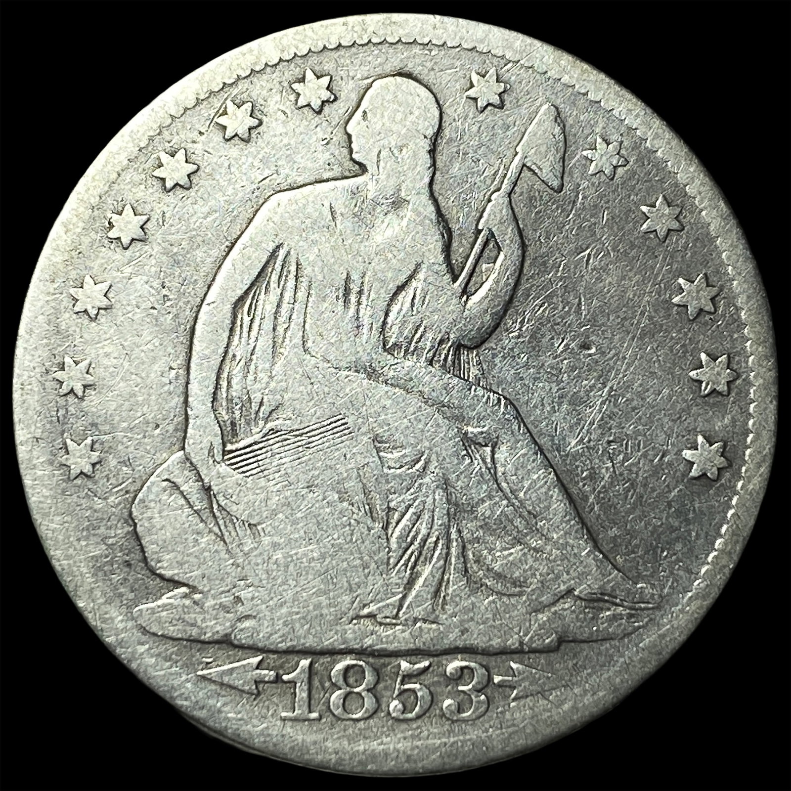 1853 Arrows/Rays Seated Liberty Half Dollar LIGHTLY CIRCULATED: 1853 Arrows/Rays Seated Liberty Half Dollar LIGHTLY CIRCULATED