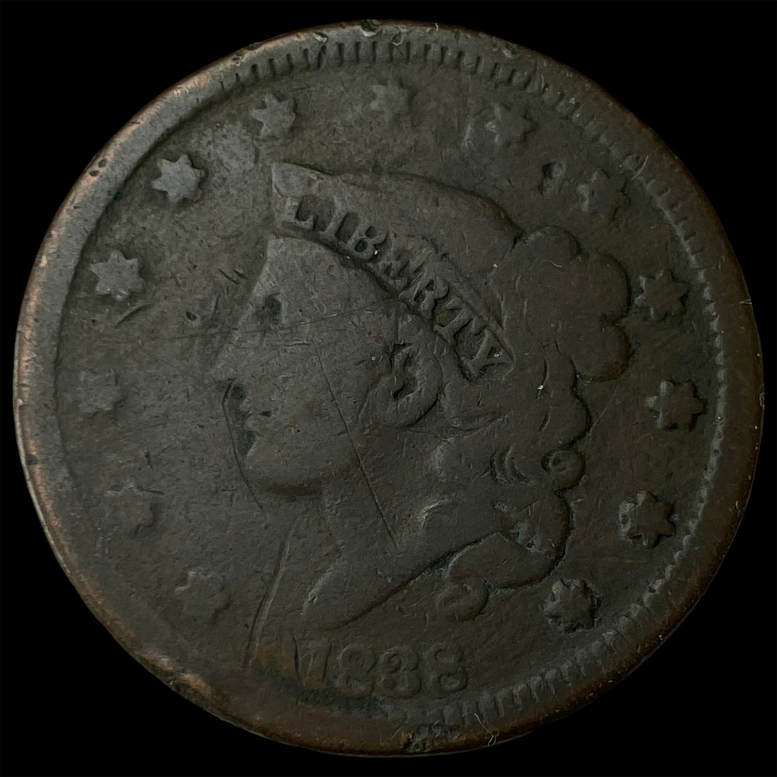 1838 Coronet Head Large Cent NICELY CIRCULATED: 1838 Coronet Head Large Cent NICELY CIRCULATED