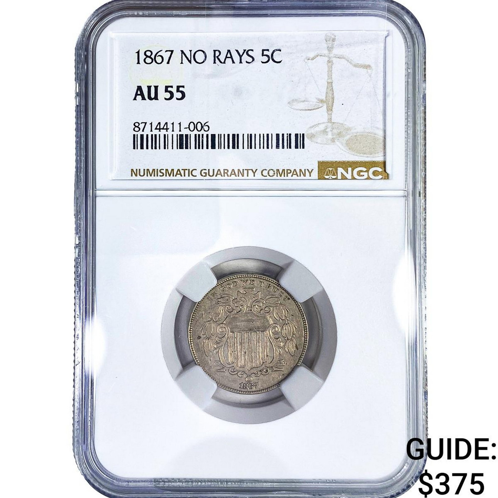 1867 Shield Nickel NGC AU55 No Rays (1 of 2)