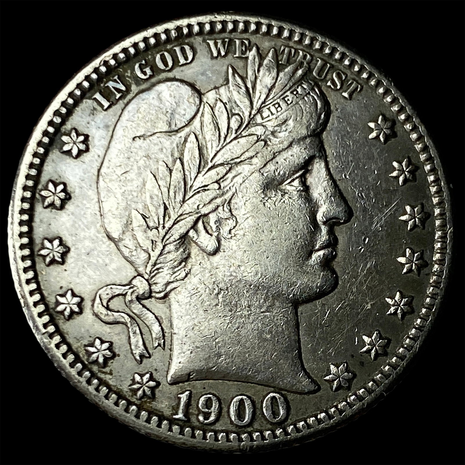 1900-S Silver Barber Quarter CLOSELY UNCIRCULATED: 1900-S Silver Barber Quarter CLOSELY UNCIRCULATED