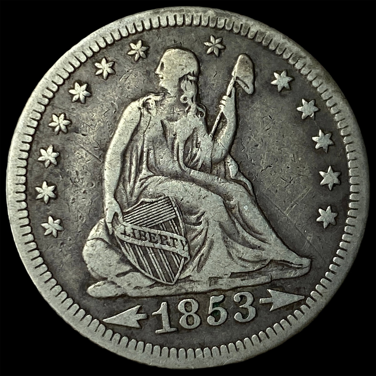 1853-O Arrows & Rays Silver Seated Liberty Quarter LIGHTLY CIRCULATED