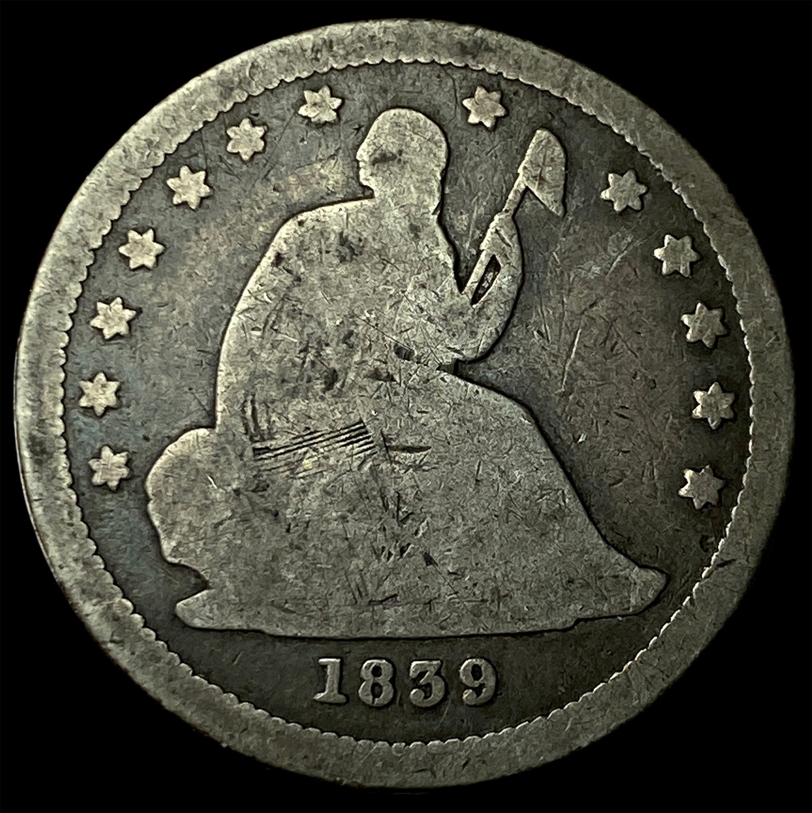 1839 Silver Seated Liberty Quarter NICELY CIRCULATED
