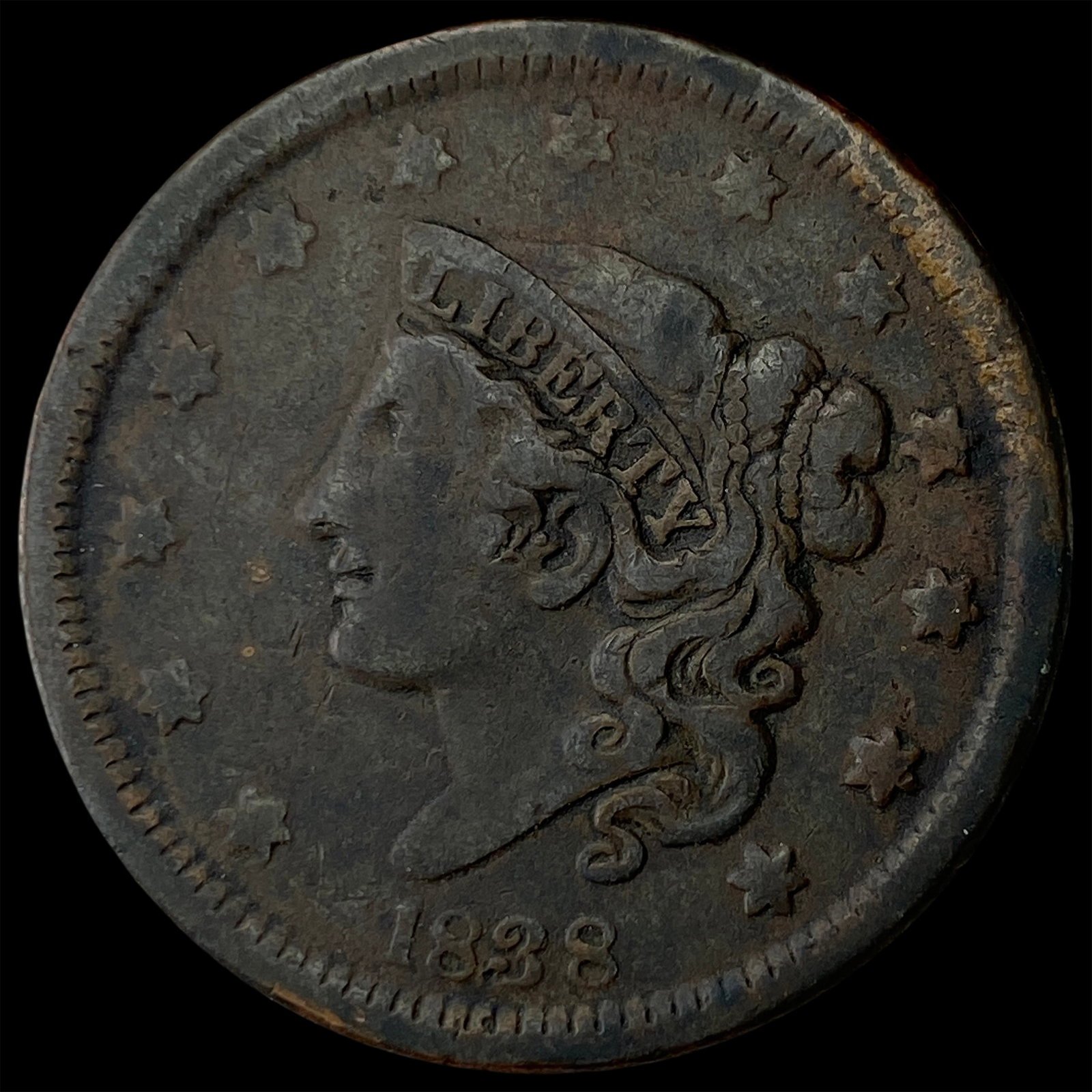 1838 Coronet Head Large Cent LIGHTLY CIRCULATED: 1838 Coronet Head Large Cent LIGHTLY CIRCULATED