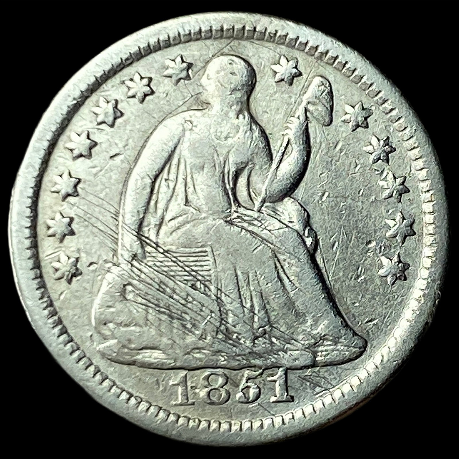 1851-O Silver Seated Liberty Half Dime ABOUT UNCIRCULATED: 1851-O Silver Seated Liberty Half Dime ABOUT UNCIRCULATED
