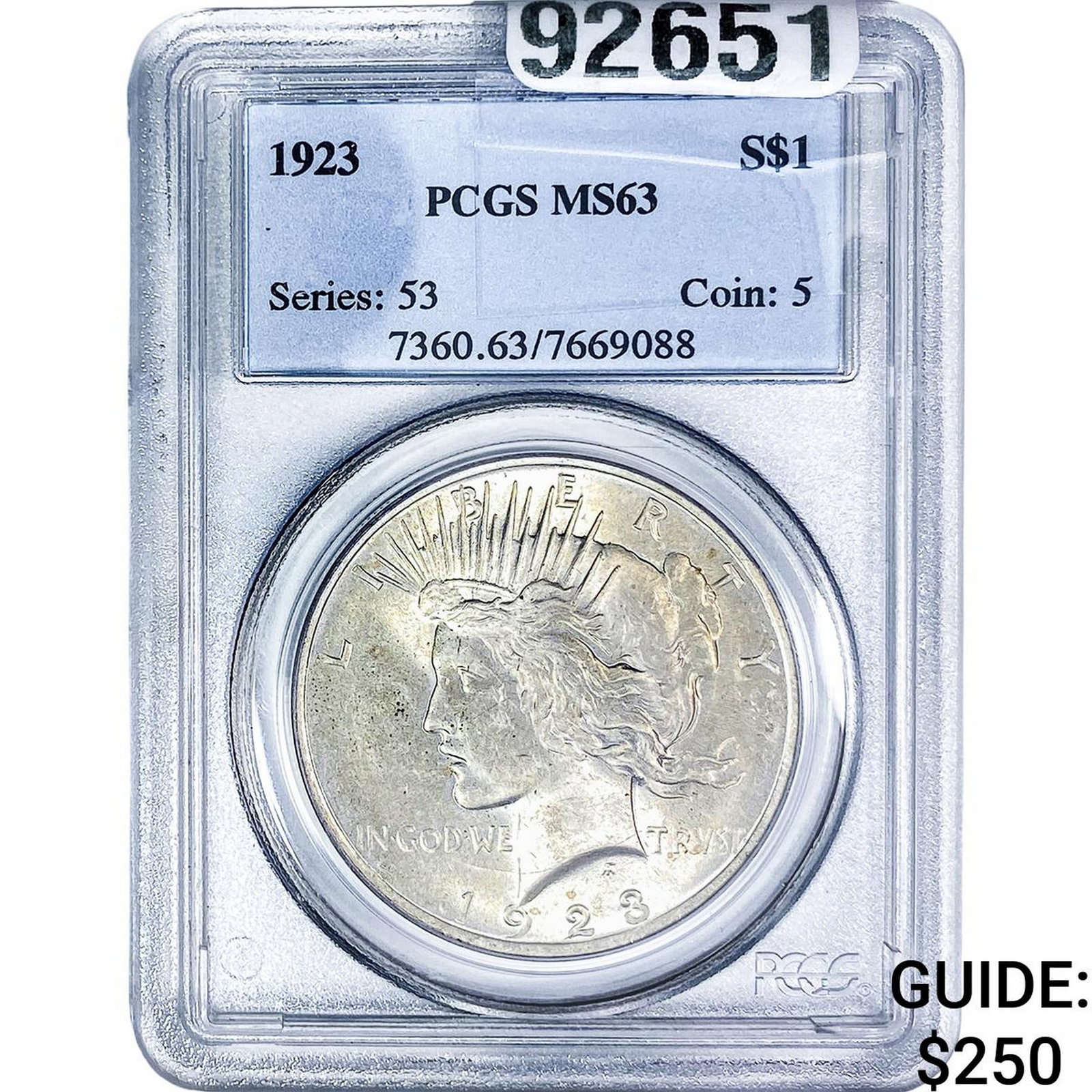 1923 Silver Peace Dollar PCGS MS63: 1923 Silver Peace Dollar PCGS MS63