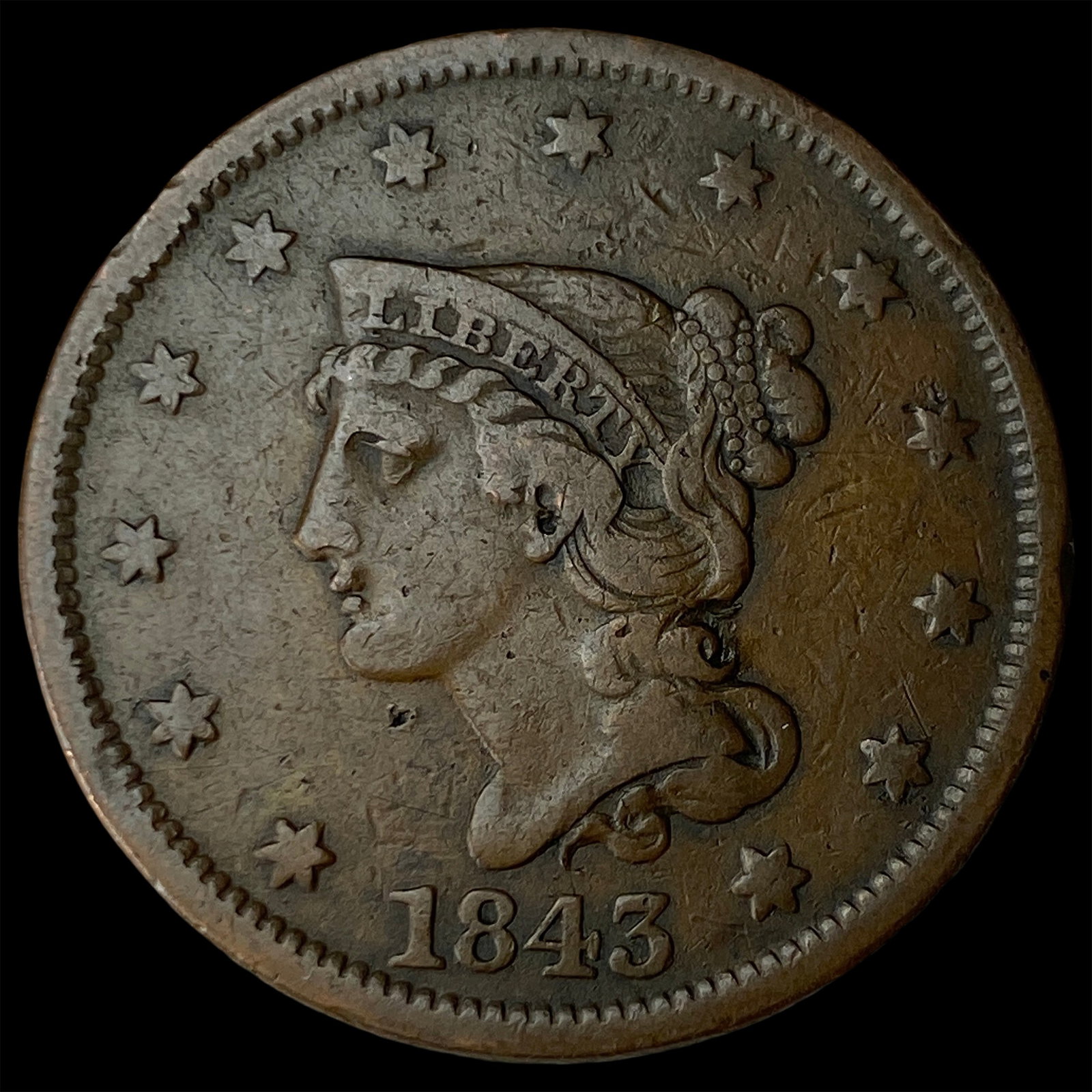 1843 Braided Hair Large Cent ABOUT UNCIRCULATED (1 of 2)