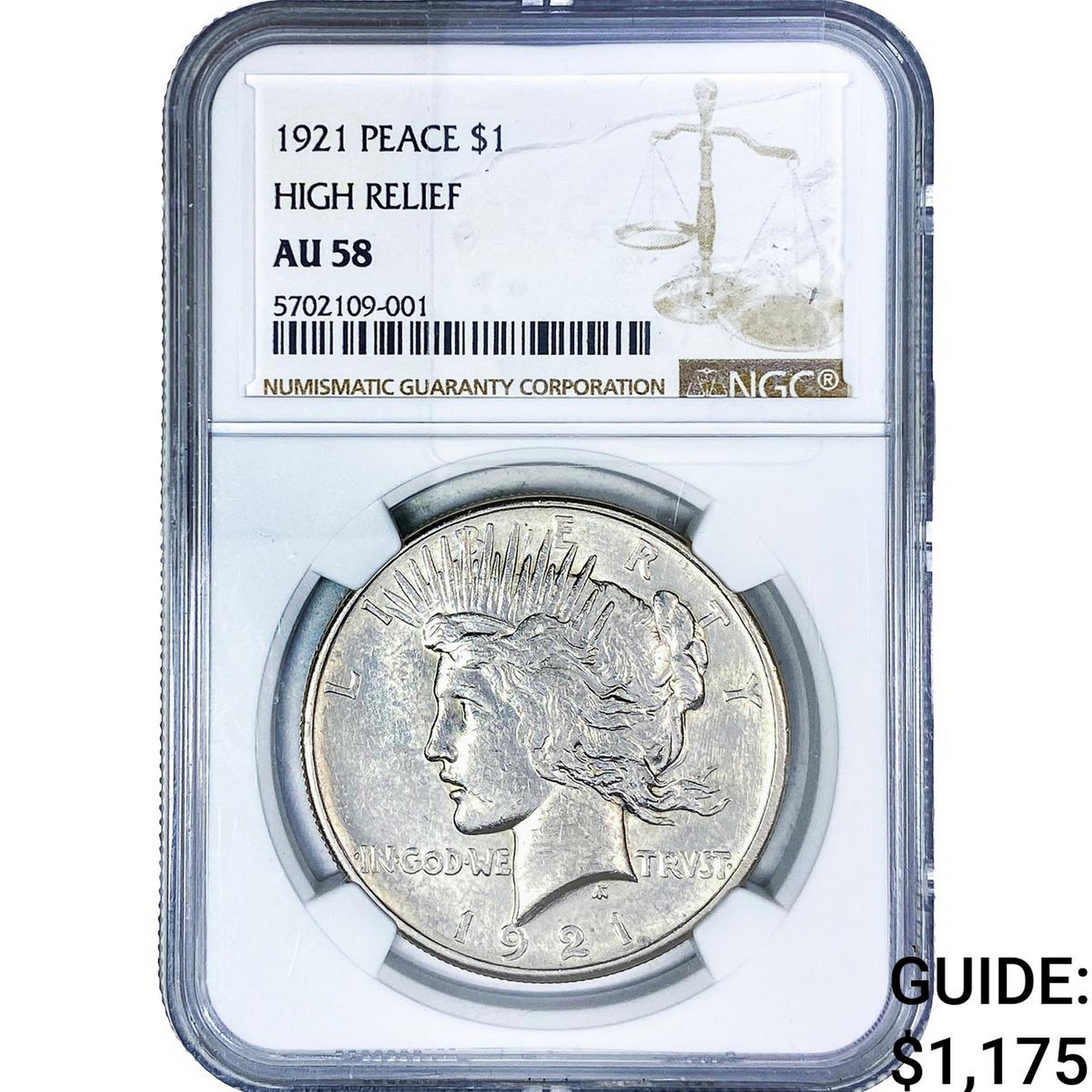 1921 Silver Peace Dollar NGC AU58 High Relief: 1921 Silver Peace Dollar NGC AU58 High Relief