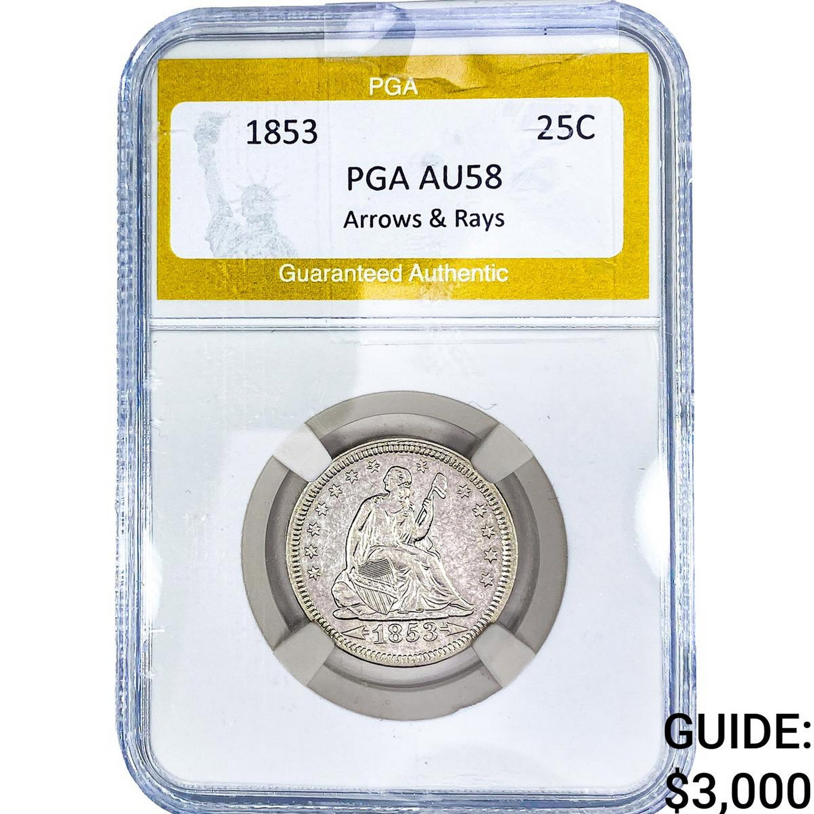 1853 Seated Liberty Quarter PGA AU58 Arrows & Rays: 1853 Seated Liberty Quarter PGA AU58 Arrows & Rays