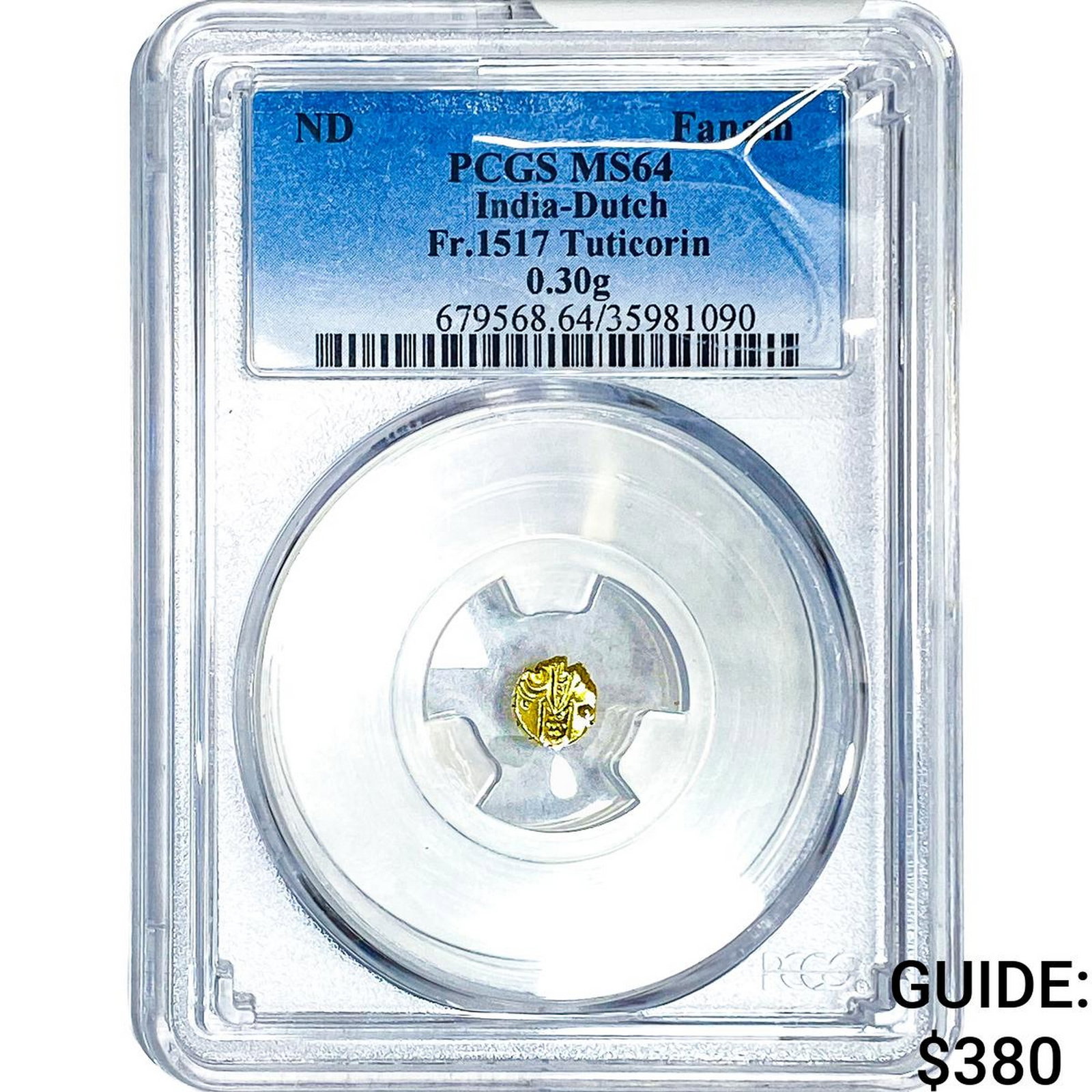 India-Dutch Gold .30g Fanam Fr.1517 Tuticorin PCGS: India-Dutch Gold .30g Fanam Fr.1517 Tuticorin PCGS