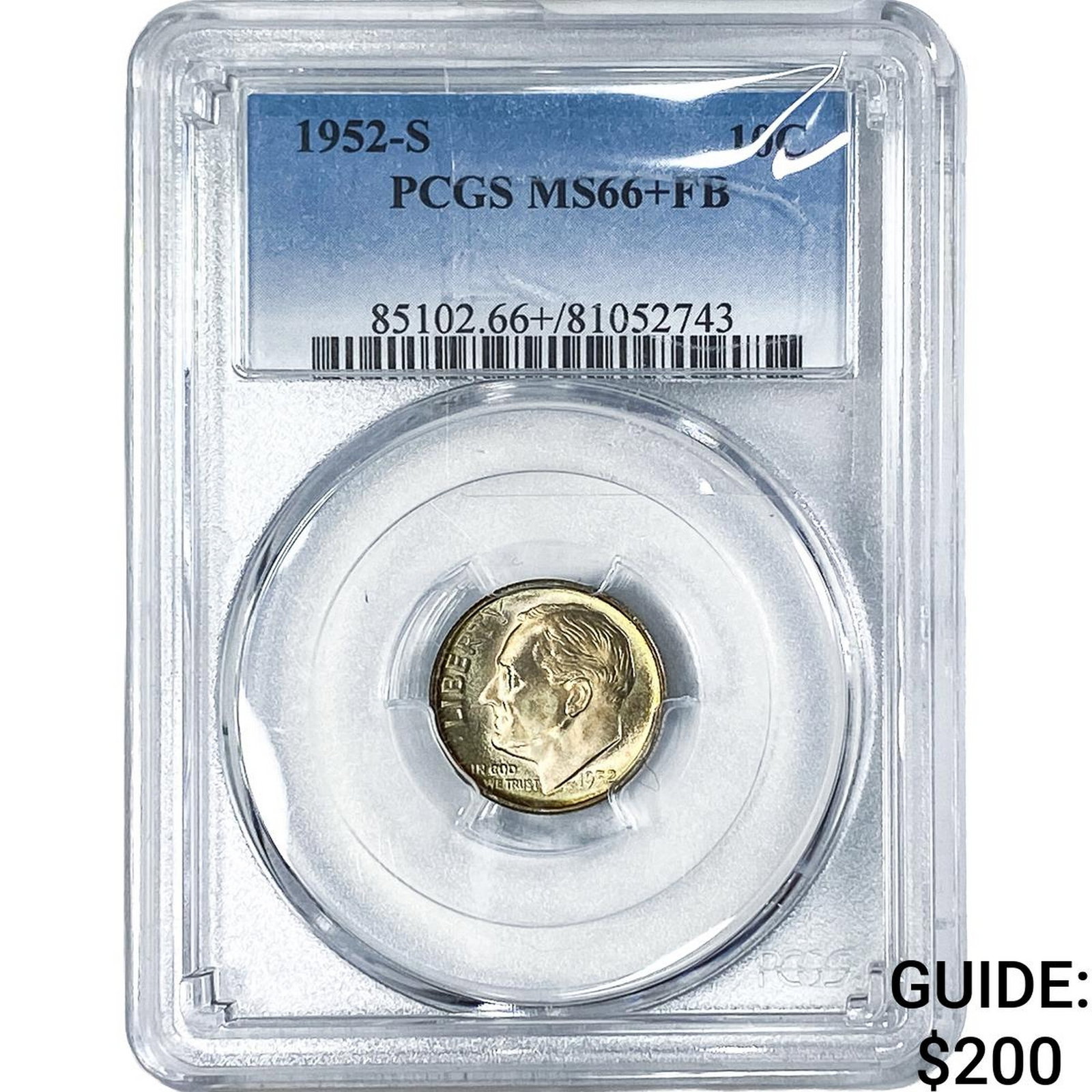 1952-S Roosevelt Dime PCGS MS66+ FB: 1952-S Roosevelt Dime PCGS MS66+ FB