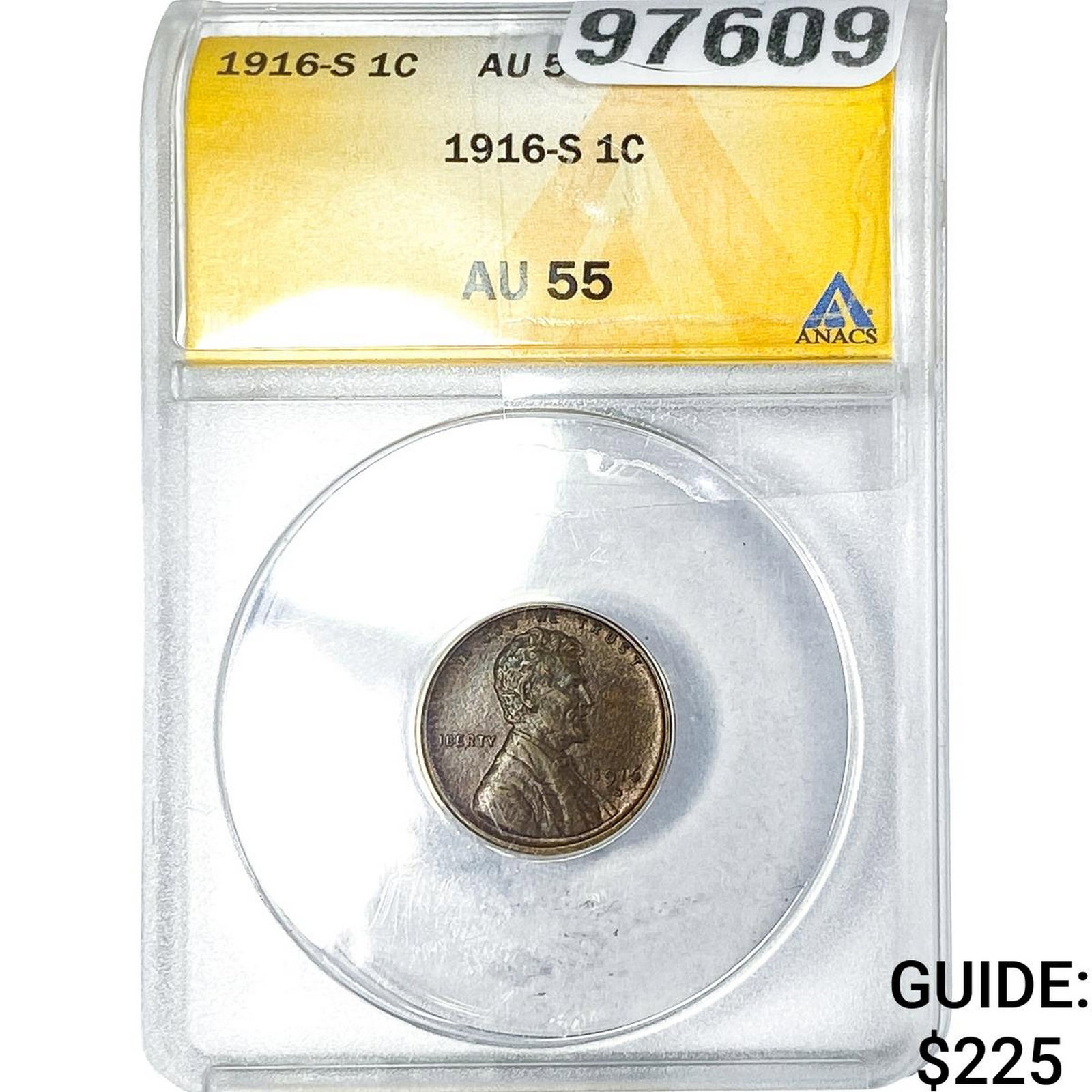 1916-S Wheat Cent ANACS AU55: 1916-S Wheat Cent ANACS AU55