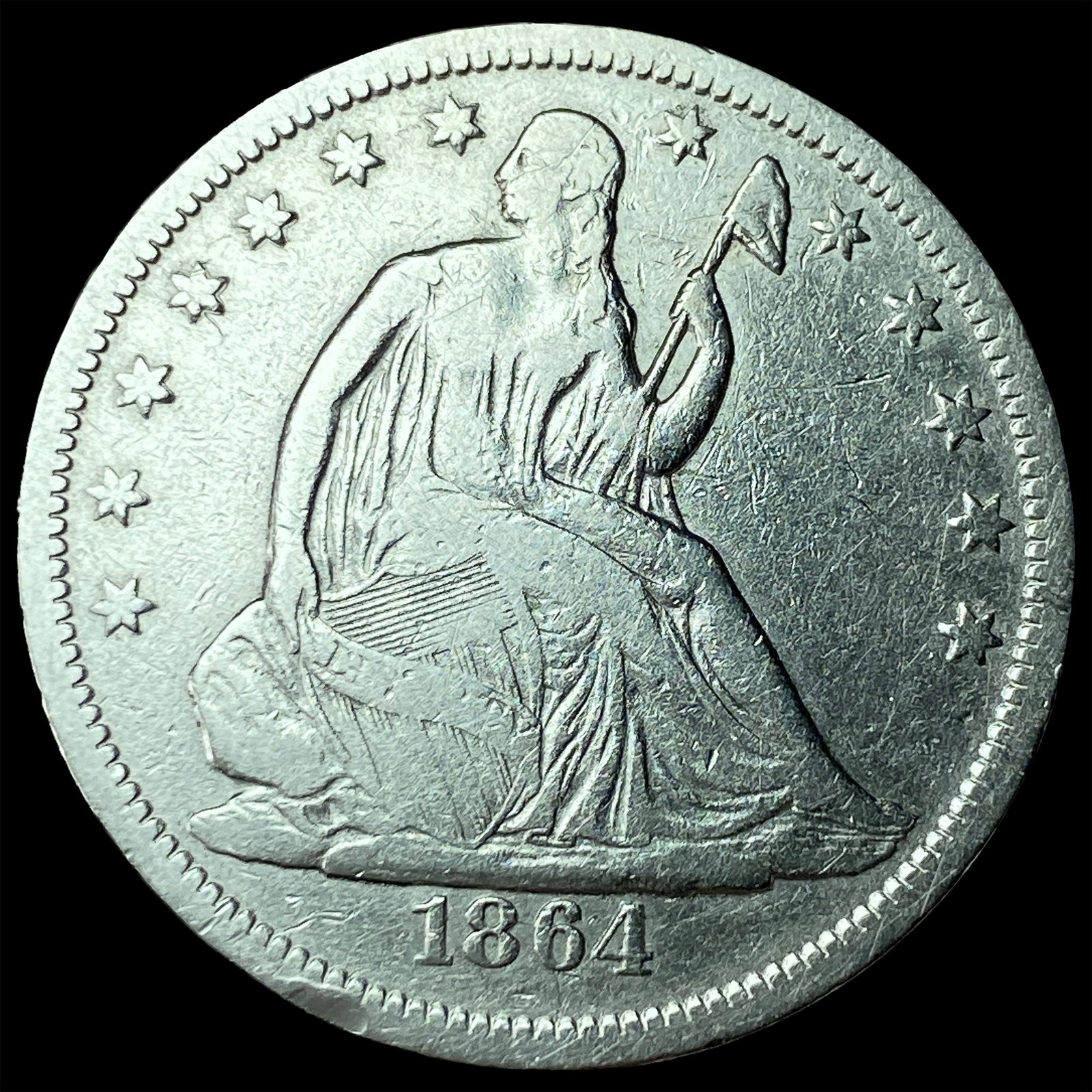 1864-S Silver Seated Liberty Half Dollar NEARLY UNCIRCULATED: 1864-S Silver Seated Liberty Half Dollar NEARLY UNCIRCULATED