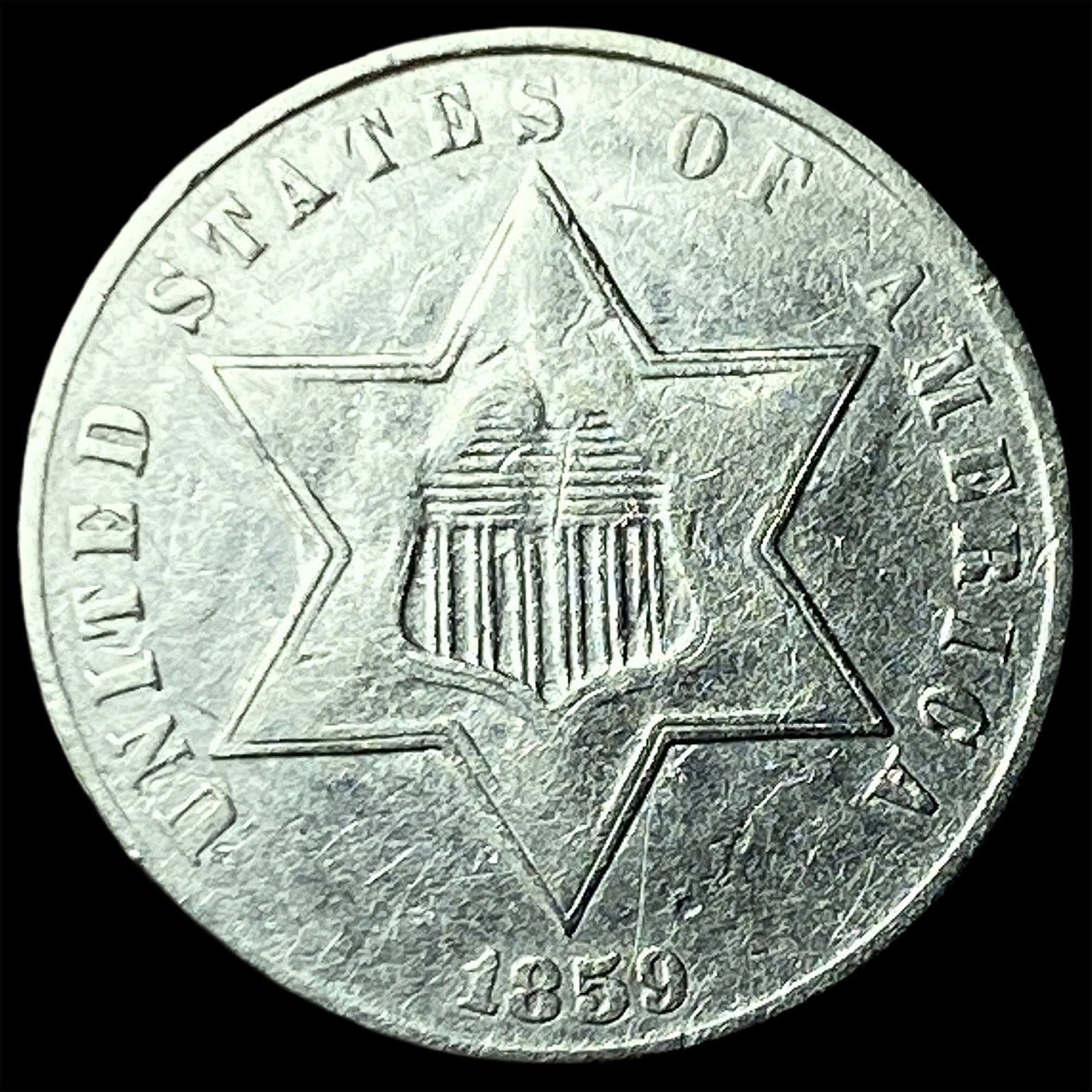 1859 Silver Three-Cent Piece CLOSELY UNCIRCULATED: 1859 Silver Three-Cent Piece CLOSELY UNCIRCULATED