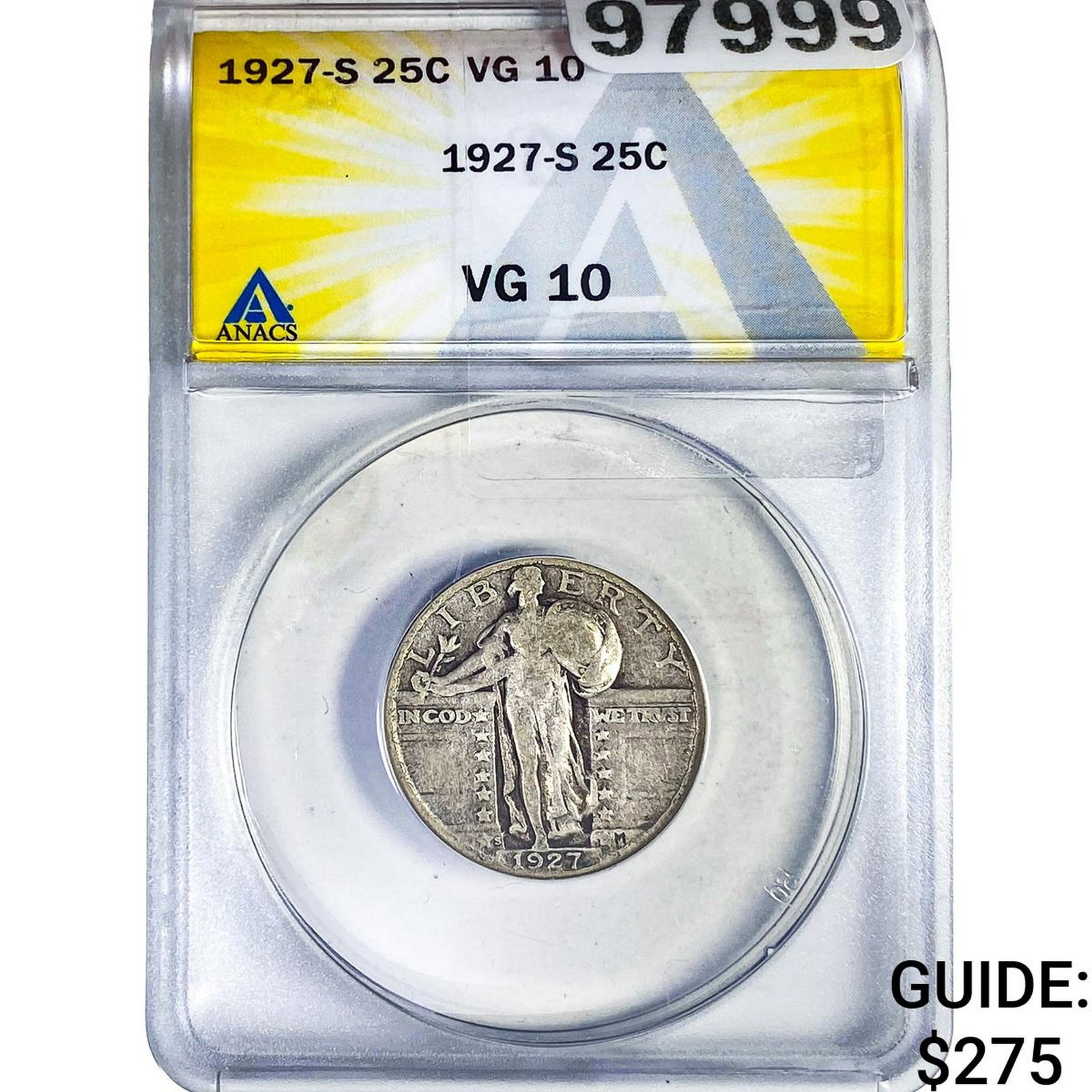 1927-S Standing Liberty Quarter ANACS VG10: 1927-S Standing Liberty Quarter ANACS VG10