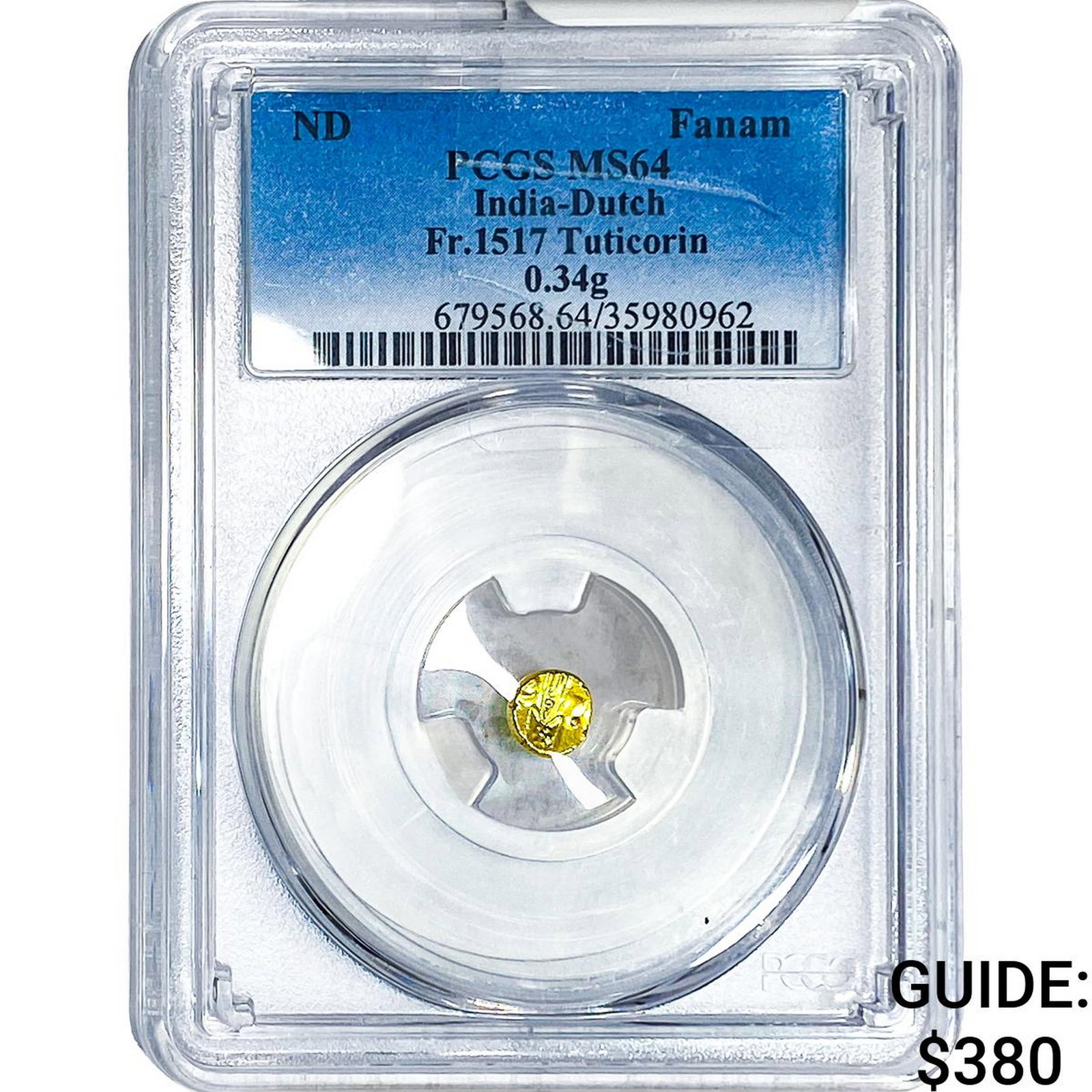 India-Dutch Gold .34g Fanam Fr.1517 Tuticorin PCGS: India-Dutch Gold .34g Fanam Fr.1517 Tuticorin PCGS