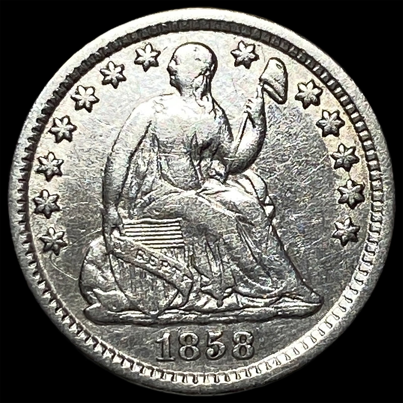 1858-O Silver Seated Liberty Half Dime CHOICE AU: 1858-O Silver Seated Liberty Half Dime CHOICE AU