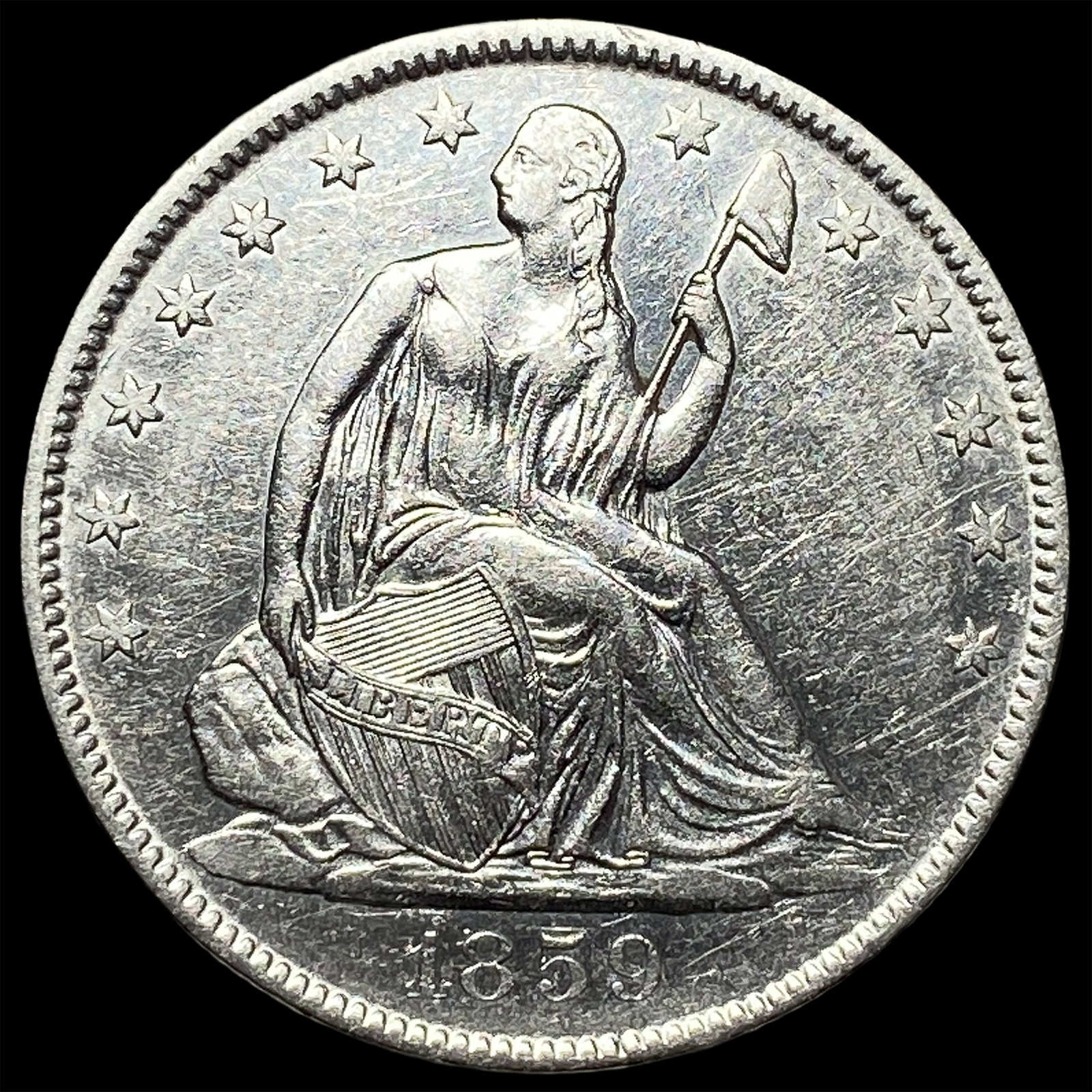 1859-O Silver Seated Liberty Half Dollar CLOSELY UNCIRCULATED: 1859-O Silver Seated Liberty Half Dollar CLOSELY UNCIRCULATED
