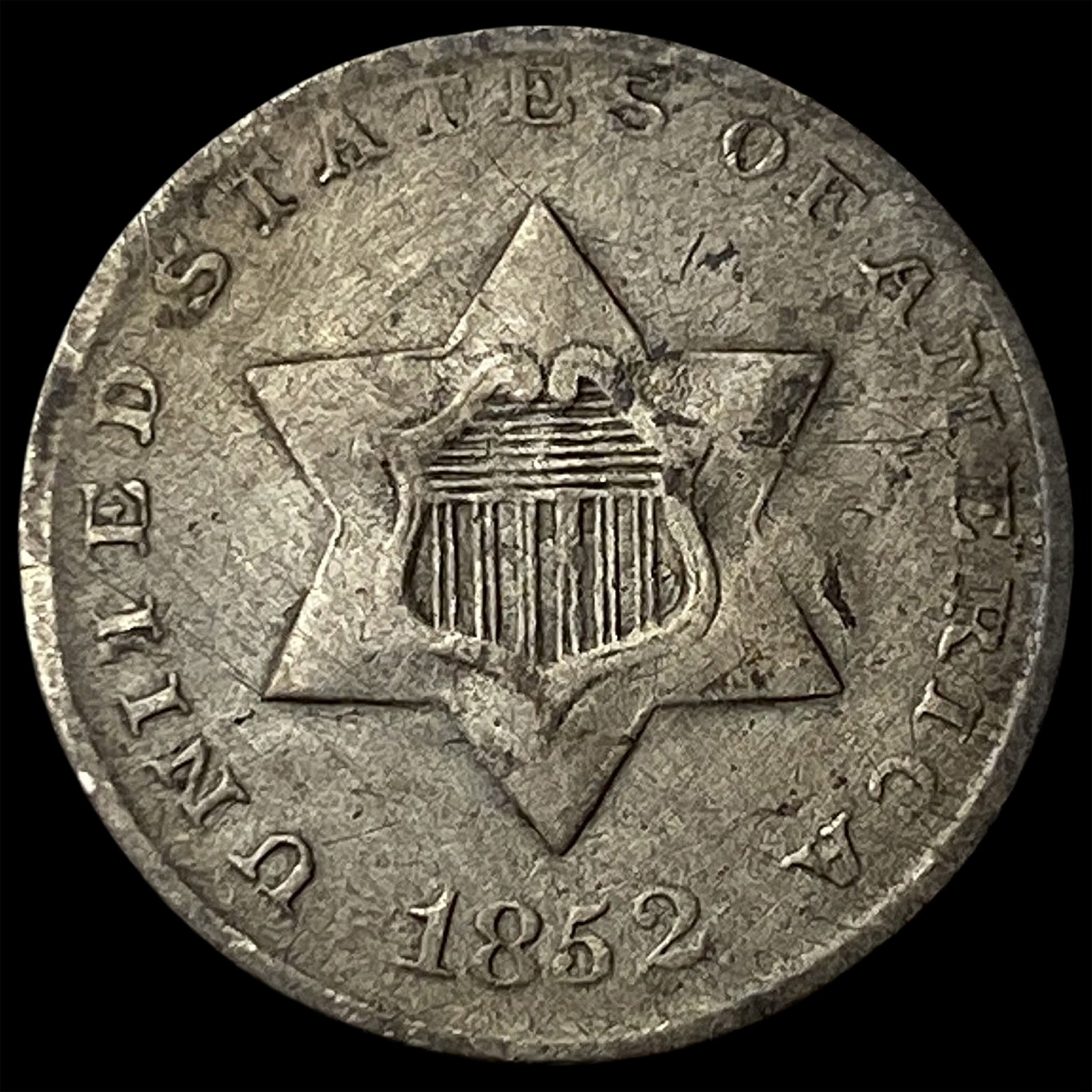 1852 Silver Three-Cent Piece NEARLY UNCIRCULATED: 1852 Silver Three-Cent Piece NEARLY UNCIRCULATED
